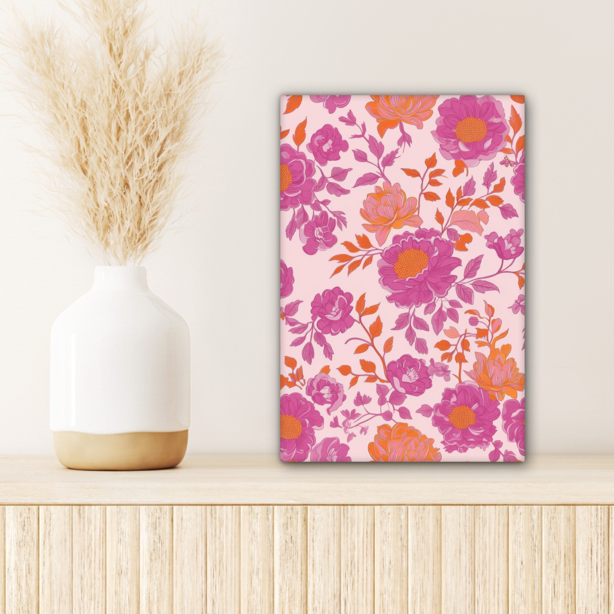 OneMillionCanvasses® Leinwandbild Florales Muster - Rosa - Orange - Blumen, Fotodruck (1 St), Leinwand Canvas Wandbild, Wanddekoration 20x30 cm