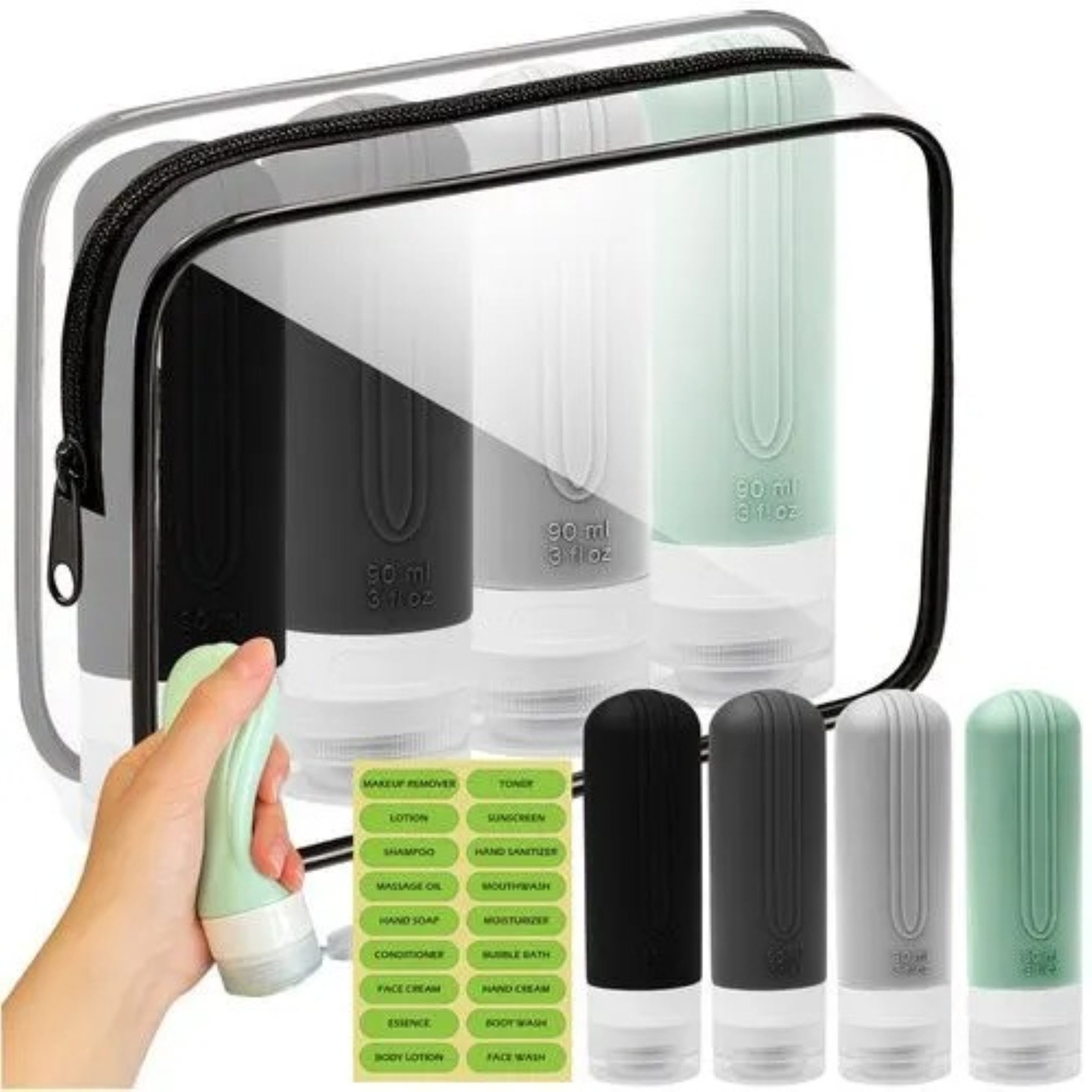 Trizand Kosmetiktasche Kosmetiktasche Reiseflaschen Flugzeug Set 4x90ml TSA Kosmetiktasche (Reiseflaschen Set mit 4x 90ml Silikonflaschen und TSA Tasche Set, Reise Kosmetikflaschen Set für Flugzeug Handgepäck Urlaub 5teilig), Auslaufsicheres und TSA konformes Handgepäck Kosmetikflaschen Set