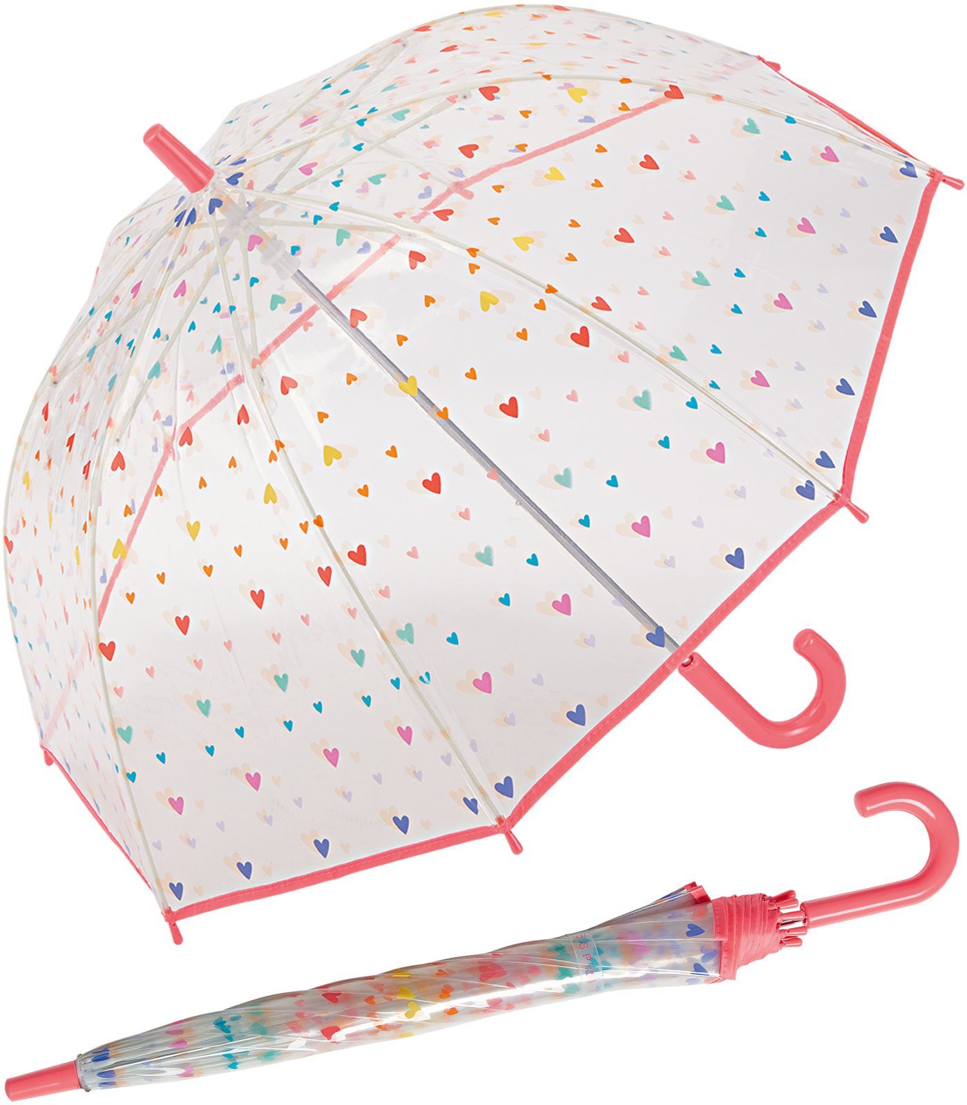Esprit Stockregenschirm kleiner, leichter Transparentschirm für Kinder, mit niedlichem, bunten Herzen-Design für Mädchen