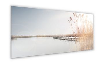 artissimo Glasbild Glasbild XXL 125x50 cm Bild aus Glas Wandbild groß Landschaft Steg, Strand und Meer: Schilf / Pampasgras