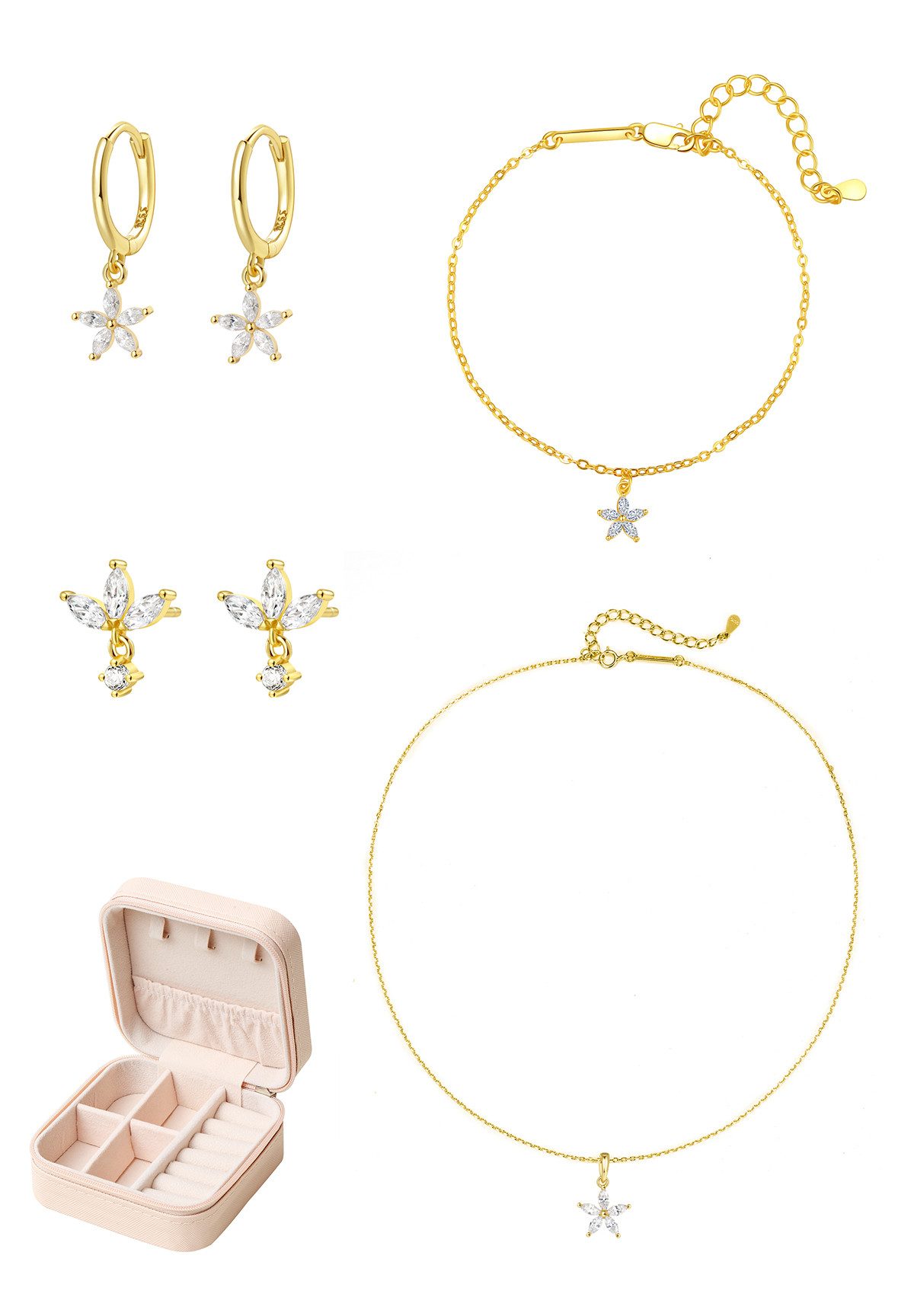 Hey Happiness Ohrring und Ketten Set mit Armband in Etui, 925 Silber Damen Schmuck, Zirkonia Kette mit Blume, Blüte Ohrringe Kristalle, kleine Ohrstecker
