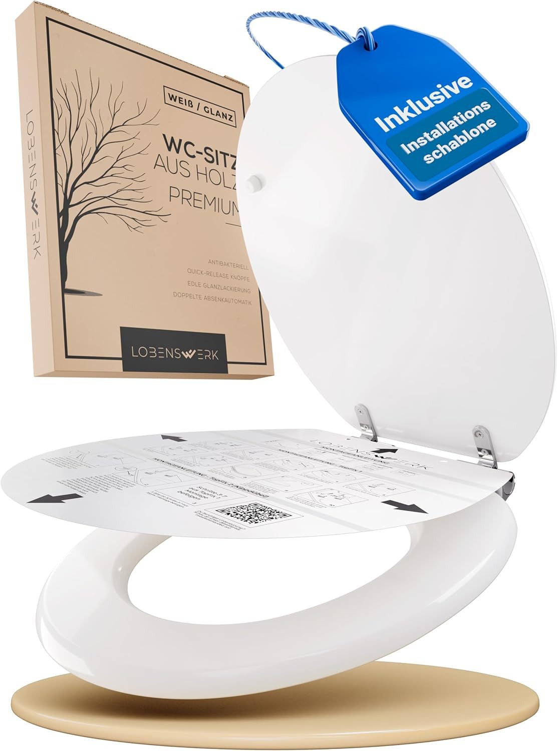 Lobenswerk WC-Sitz Toilettendeckel mit Absenkautomatik, Klodeckel, Klobrille, SoftClose, antibakteriell, UV-beständig, inkl. Installationsschablone