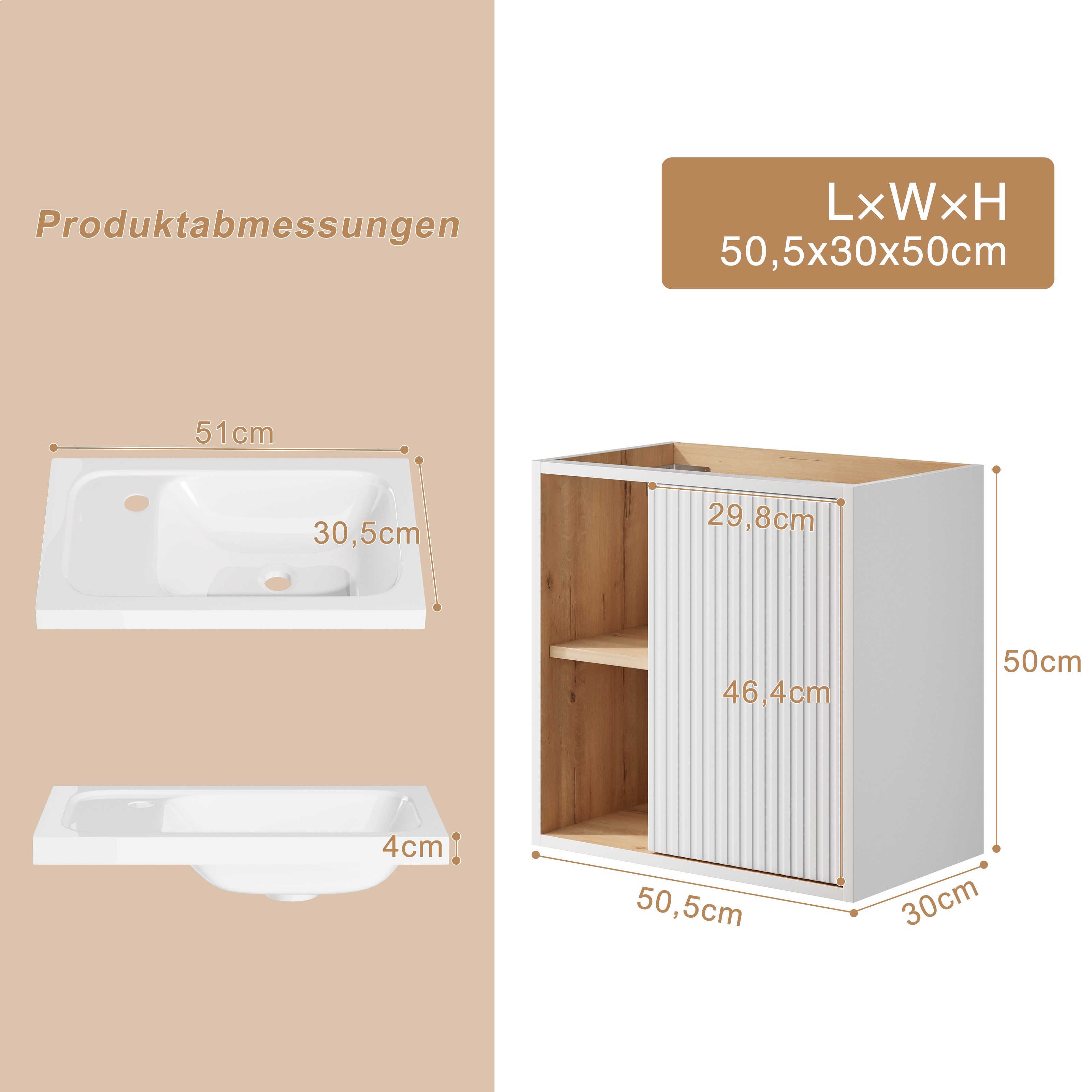 UEV Waschtisch klein Waschbecken mit Unterschrank set Badmöbel Gäste-WC (Breit 50cm, Komplett-Set, Badezimmmer Schrank für Gäste WC, Unterschrank mit Harzbecken – Bild 4 von 5