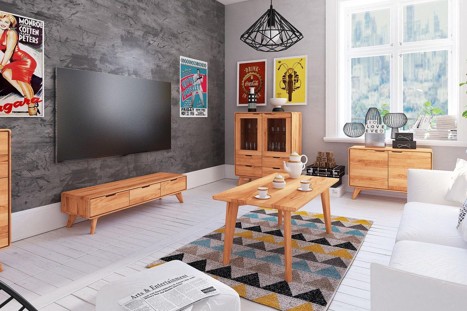 Natur24 Lowboard TV-Board Gerg Kernbuche massiv 134x40x33cm mit 3 Schubladen