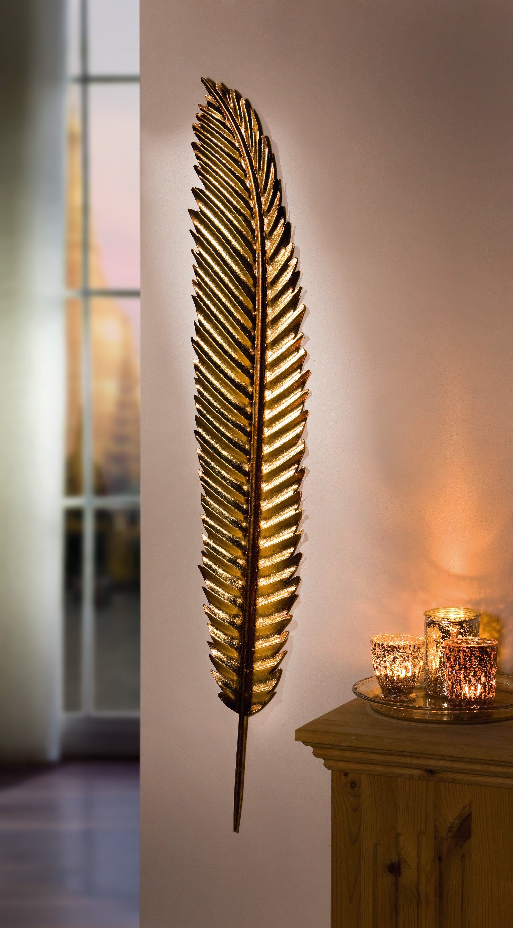 Dekoleidenschaft Wanddekoobjekt Wandhänger "Feder" aus Metall, gold, 99 cm hoch, Wandschmuck, Dekohänger