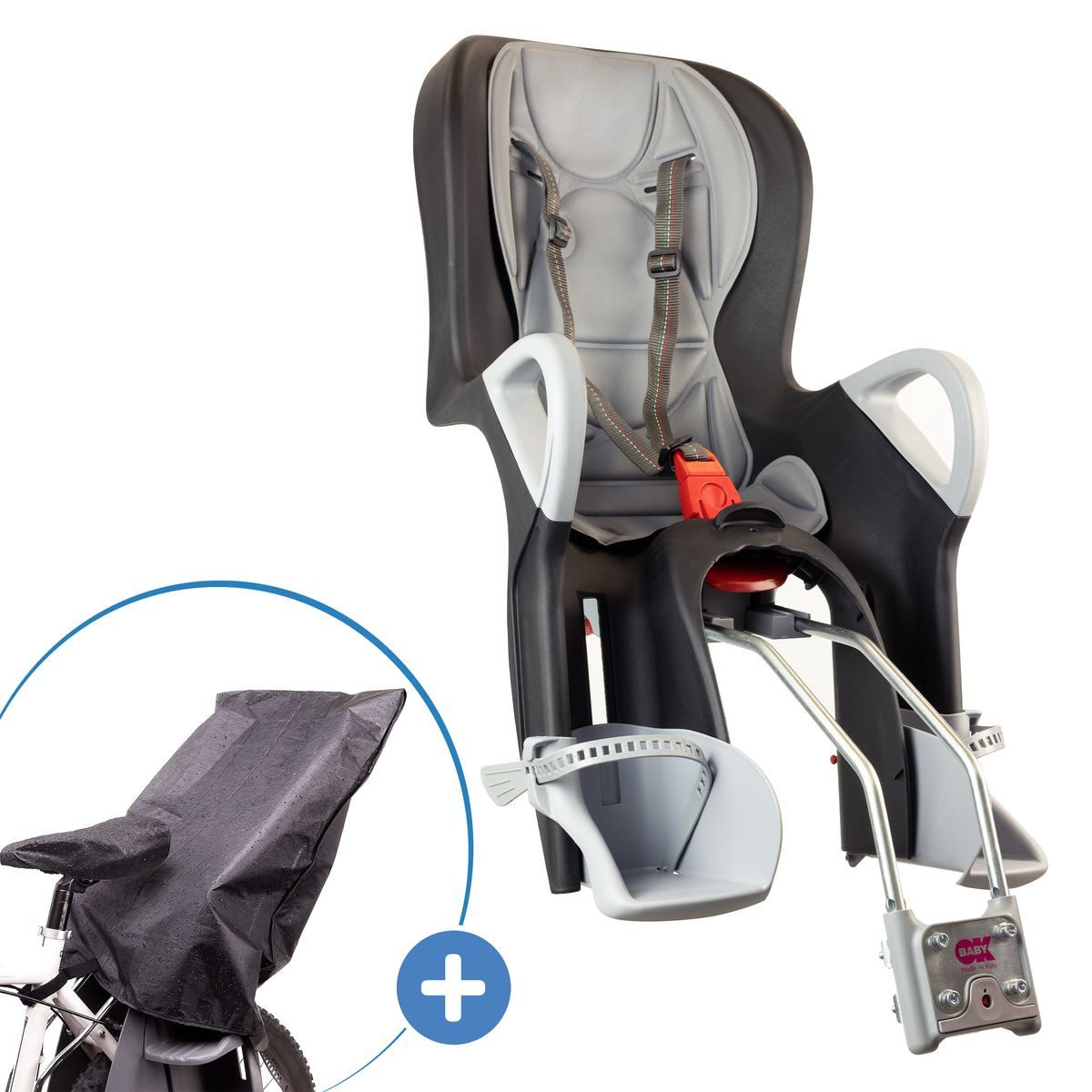 OK Baby Fahrradkindersitz Schwarz Grau, ab: ab 9 Monaten, bis: 2 Jahre, Kinder Fahrradsitz von 9 Monate bis 22 kg mit Polsterung & Regenschutz