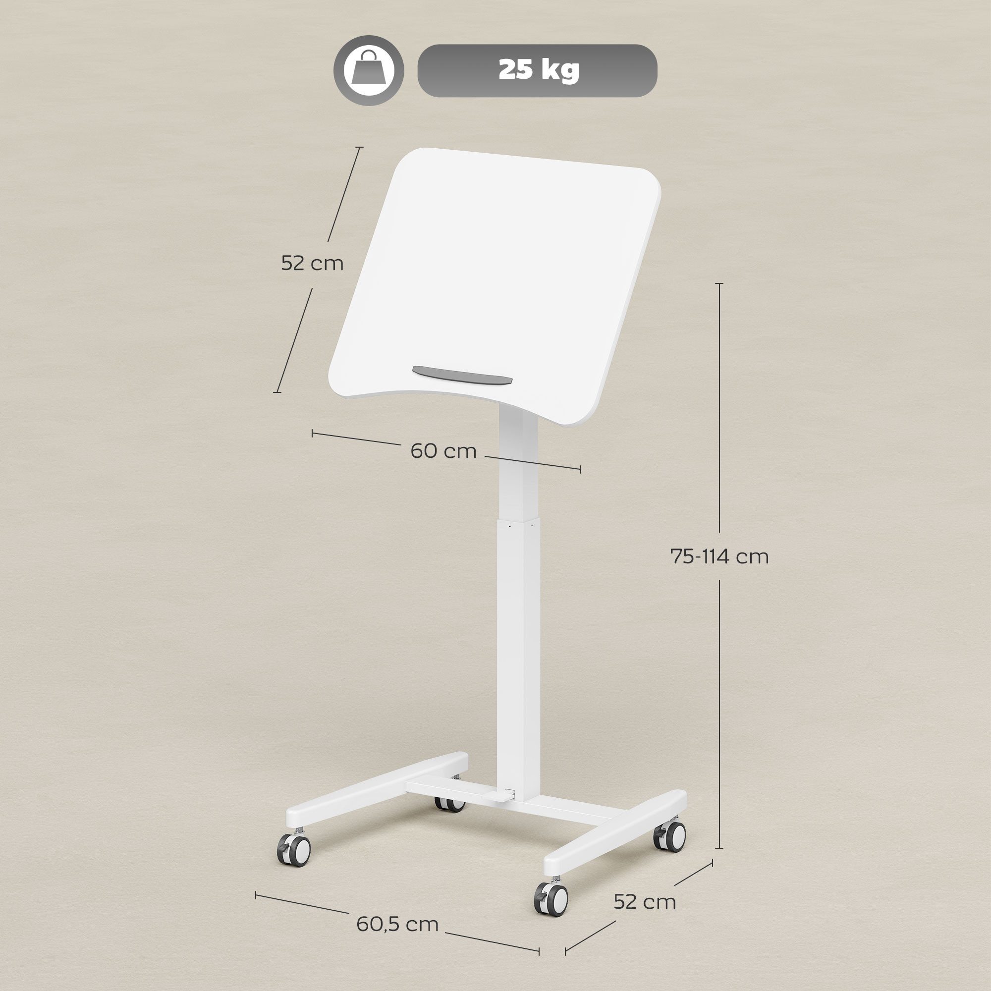 HOMCOM Schreibtisch Bestelltisch mit Rollen, neigbarer Mobiler Stehpult pneumatisch (Höhenverstellbar Laptoptisch, 1-St., Computertisch), für Büro, Sofa, Bett, 60,5x52cm, Weiß