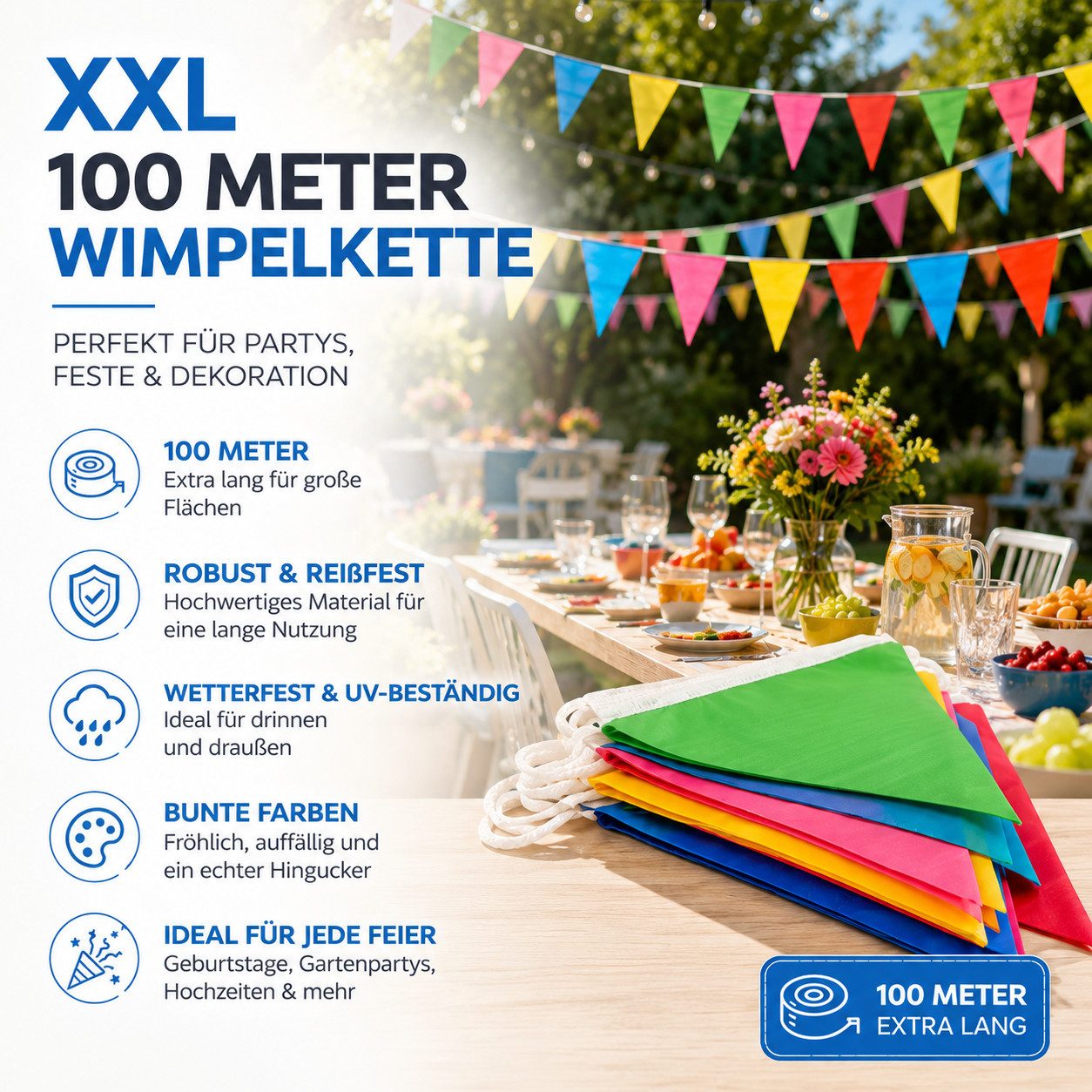 FESTIFUN Wimpelkette Bunte Wimpelkette aus Stoff, 100 m Gesamtlänge, wiederverwendbar – Bild 5 von 5