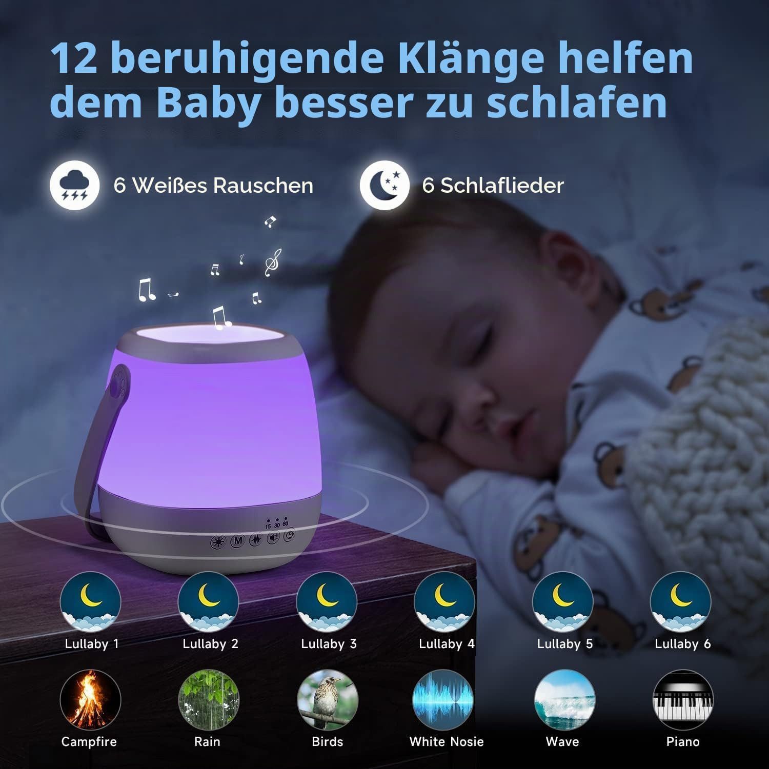 Vivitar LED Nachtlicht Dimmbar mit White Noise Maschine, 3-in-1 Baby Stilllicht, USB aufladbar und Tragbar, Fütterungslampe zum Stillen und Fläschchengeben, Nac – Bild 2 von 5