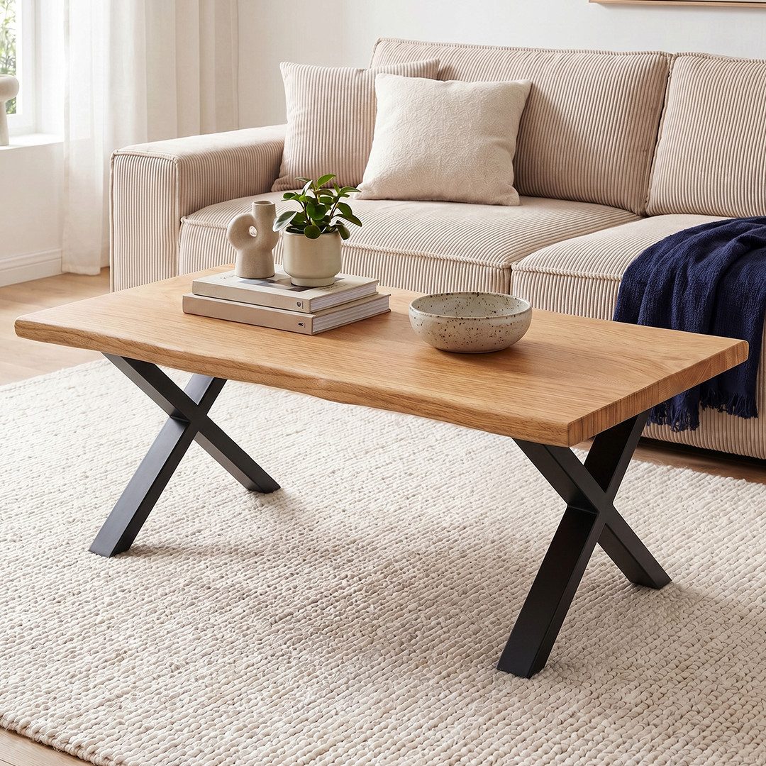 skølm Couchtisch Orm aus massivem Eichenholz mit Metallkufen (X-förmige Beine, natur geölt), hochwertiger Sofatisch mit echter Baumkante, Wohnzimmertisch 110x55 cm
