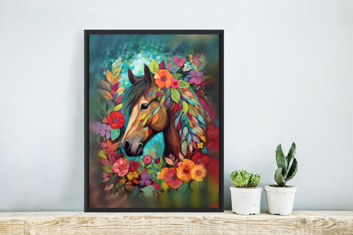 MuchoWow Poster Rahmen, Natur Pferd Schwarzem Malerei Kunstdruck, Poster, Blumen - (1 mit - - Bilderrahmen St), Farbe, Gerahmtes 