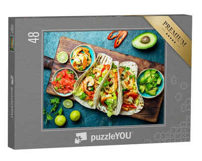 puzzleYOU Puzzle Shrimps-Tacos mit Salsa, Gemüse und Avocado, 48 Puzzleteile, puzzleYOU-Kollektionen Mexikanisches Essen