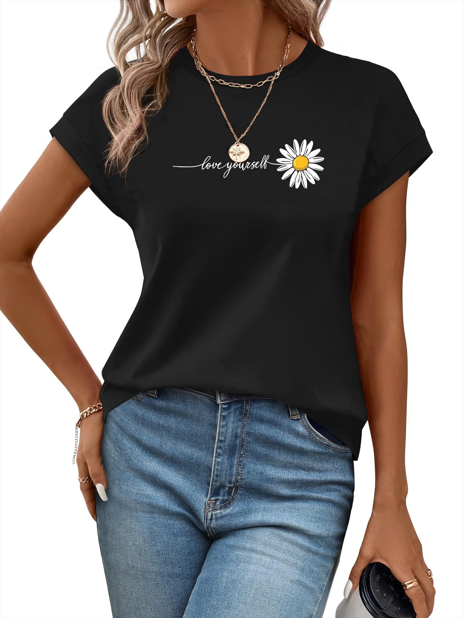 PYLIKE Carmenshirt Damen Sommer bequemes Kappenärmel mit Gänseblümchen Carmenshirt Modische Outfits Business Strand Urlaub Blusen Kleidung