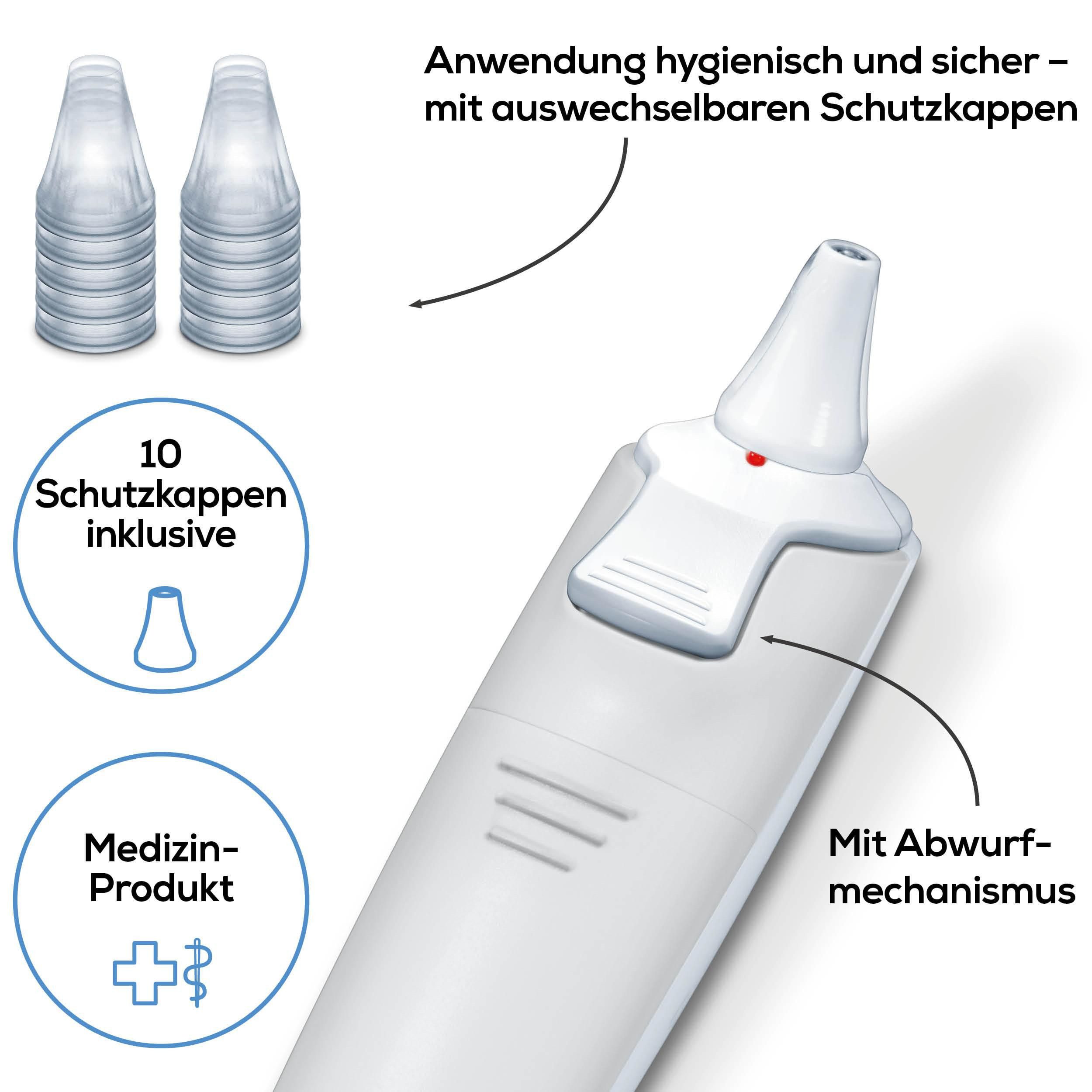 BEURER Ohr-Fieberthermometer FT 58 mit Signalton bei Messende, Infrarot-Messtechnik, Hygienische Messung dank Abwurf der Schutzkappe ohne Hautkontakt