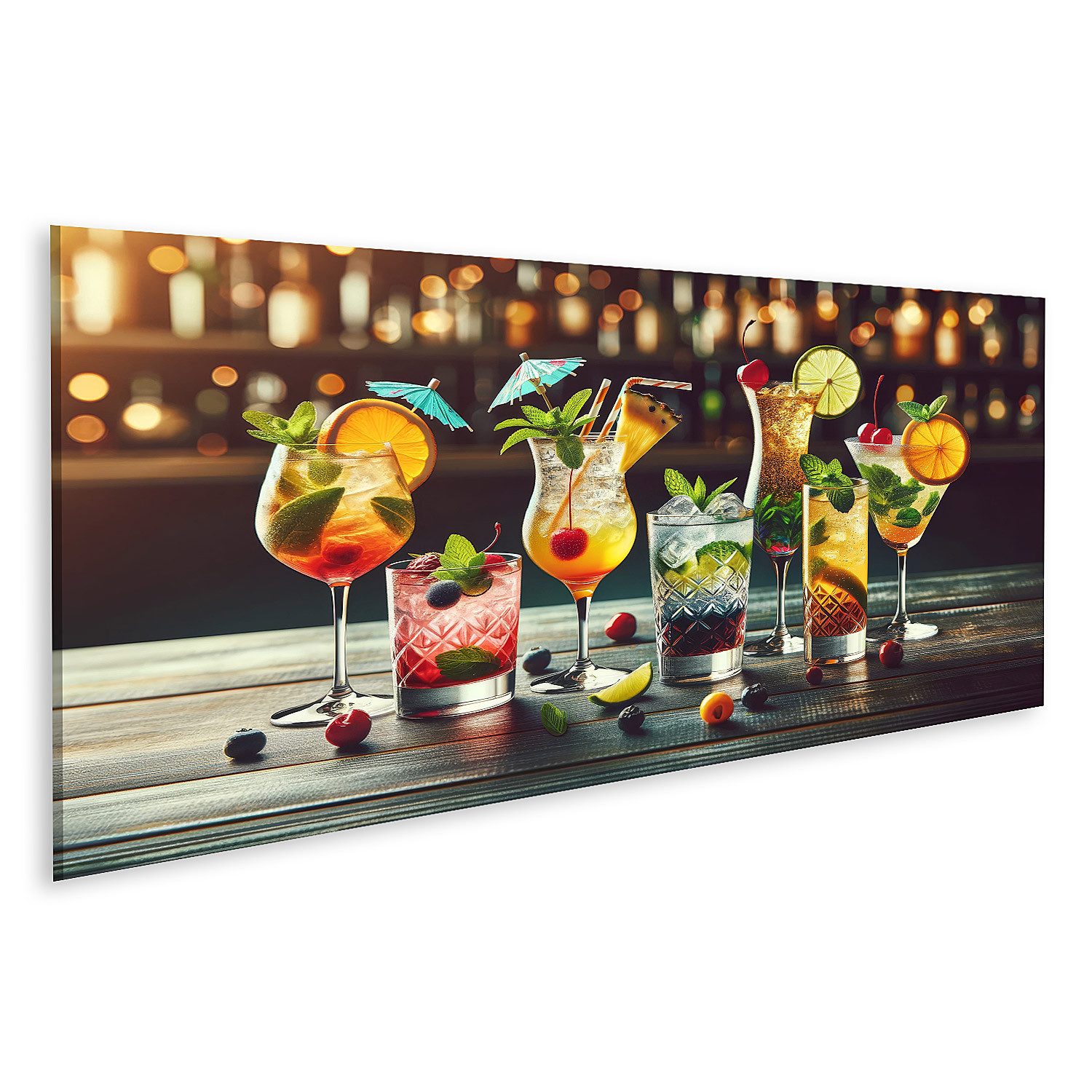 islandburner Leinwandbild Cocktailgläser Mit Früchten In Einer Bar Beleuchtet Wandbild