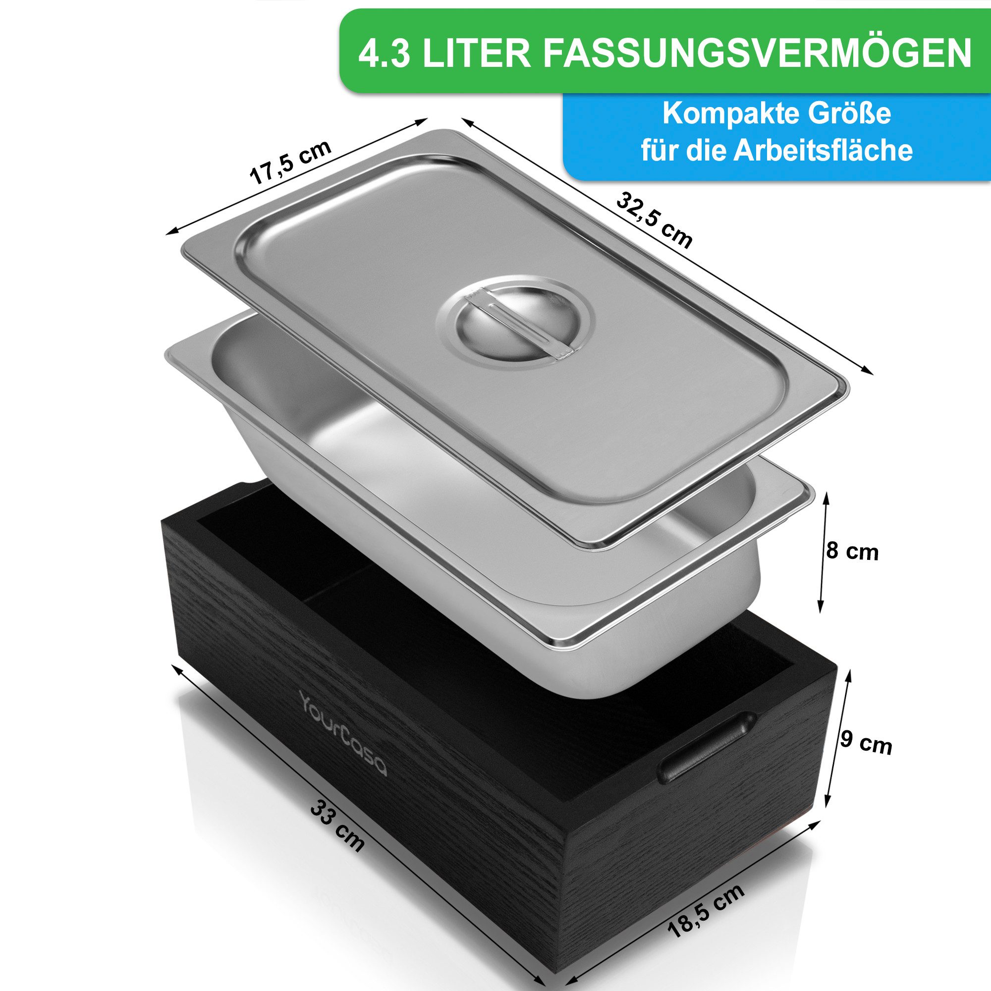 YourCasa Biomülleimer Küche - Echtholz & Edelstahl für alltäglichen Bio Müll - Komposteimer, Fassungsvermögen, 4l, Edelstahl