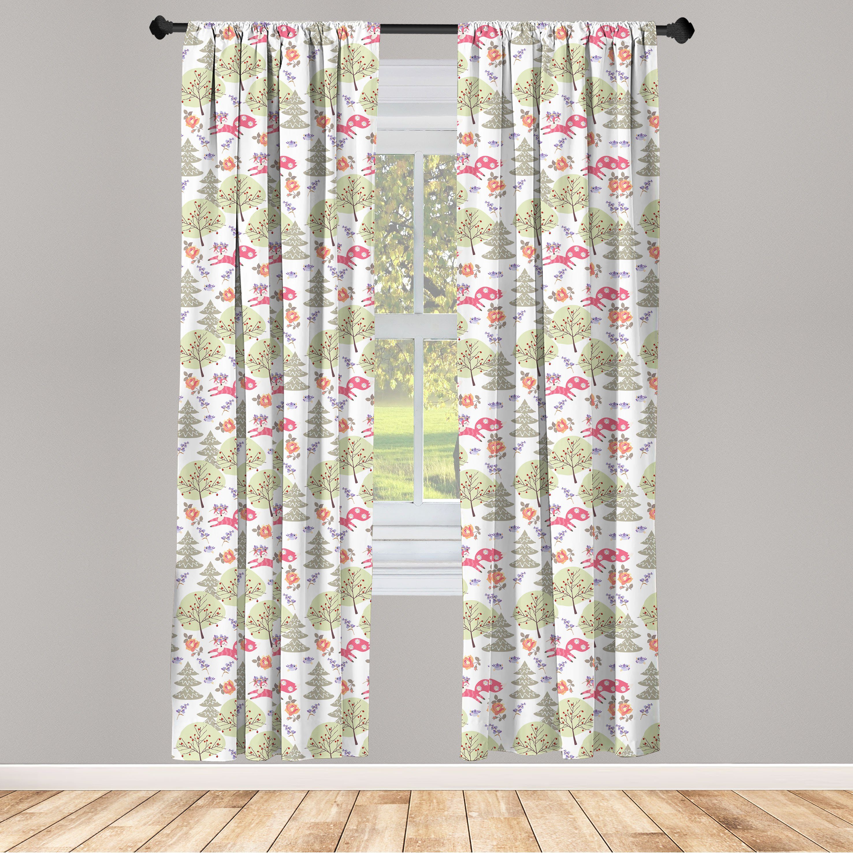 Gardine Vorhang für Wohnzimmer Schlafzimmer Dekor, Abakuhaus, Microfaser, Pastell Weiche Füchse Bäume und Rosen