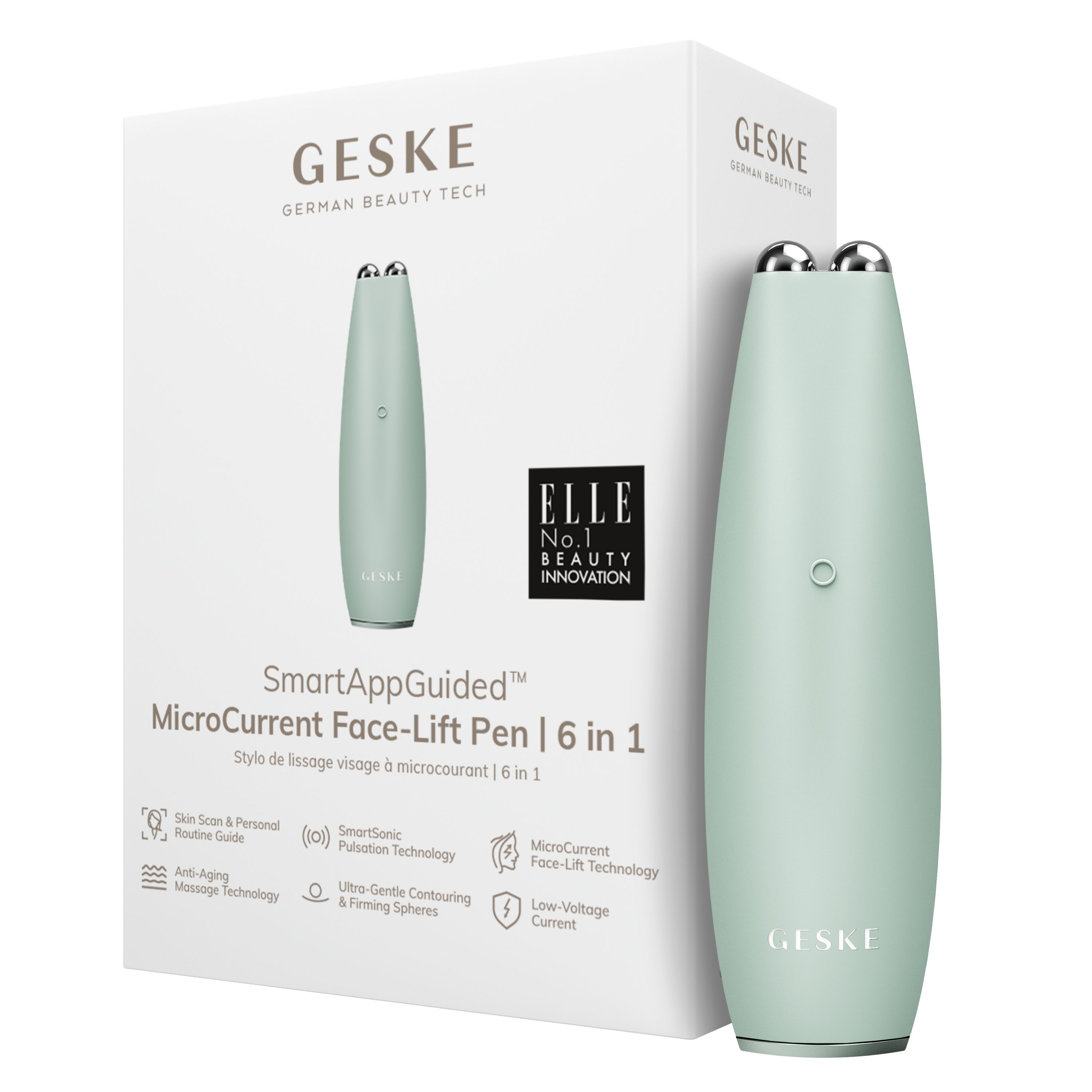 GESKE German Beauty Tech Enhancer SmartAppGuided™ MicroCurrent Face-Lift Pen 6 in 1, Packung (Gerät & USB-Ladekabel), 2-tlg., Gerät inkl. kostenloser APP (SmartAppGuided Device), Mit der GESKE App erhältst Du deine personalisierte Hautpflegeroutine. Green