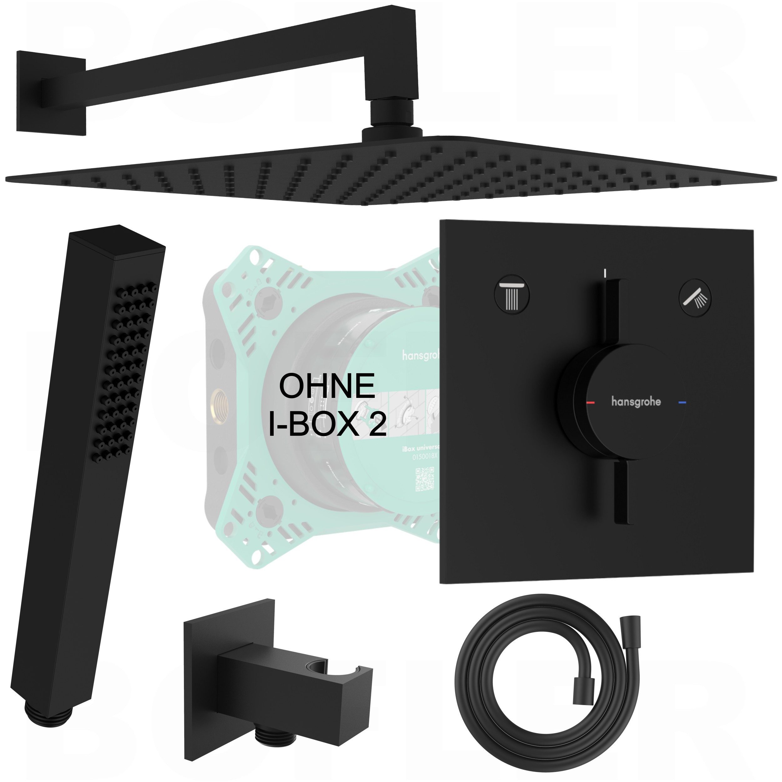 Hansgrohe und Bofler Duscharmatur Hansgrohe "DuoTurn E" Unterputz Armatur, Umsteller für 2 Verbraucher (OHNE IBOX 2 Grundkörper !, Unterputz Duschsystem, Duschanlage, Duschset, inkl. BOFLER Duschset #49-O, Brauseset, Regendusche 30cm, Wandarm) matt schwarz, Wassersparender Duschkopf