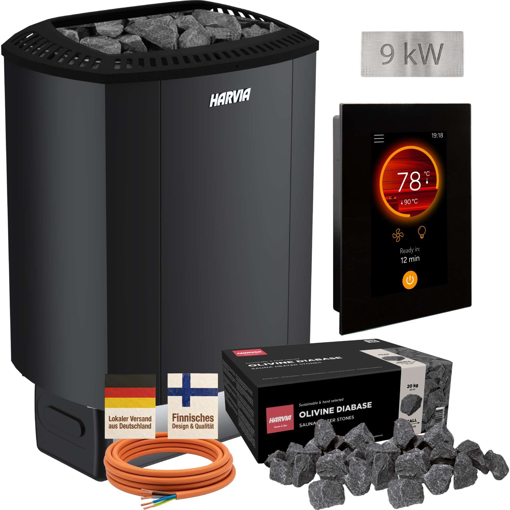 Fresh-Pool Saunaofen Harvia Sound M90E Black 9 kW Saunaofen Set 7-teili, 9 kW, (1-St)