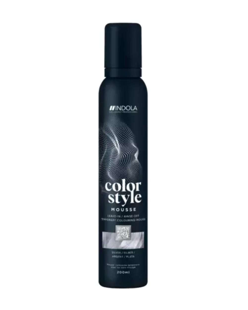 Indola Haarfestiger INDOLA Color Style Mouse Farb-Schaumfestiger Silber 200 ml, Packung, das Mousse bietet Glanz, Pflege und flexible Farbveränderung