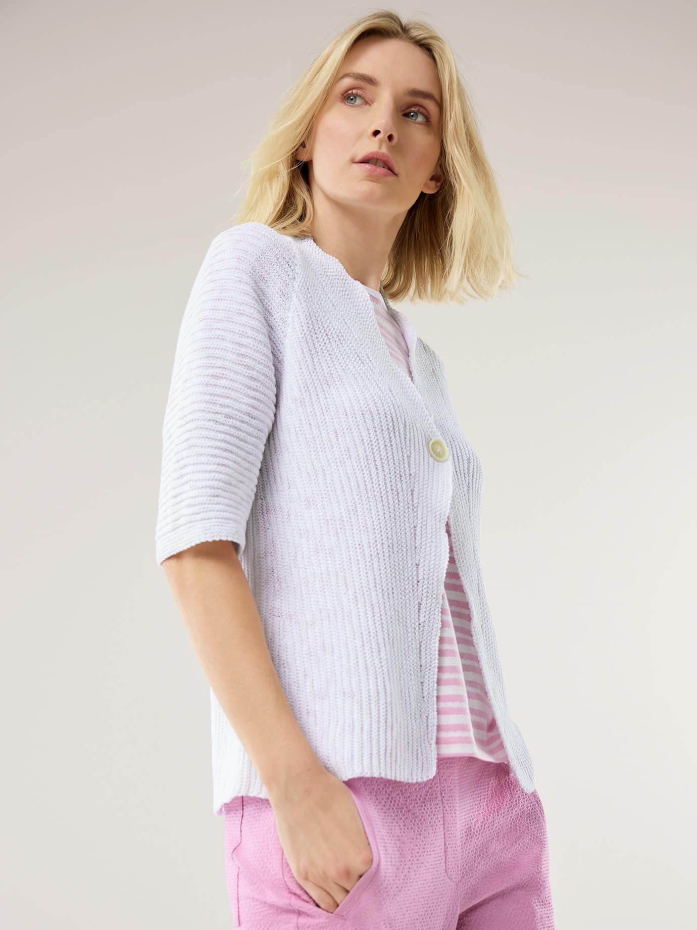 Walbusch Strickweste Damen Strickweste aus Bändchengarn V-Ausschnitt Regular pflegeleicht Atmungsaktiver Baumwollmix, Rippenstruktur, modischer 1‑Knopf