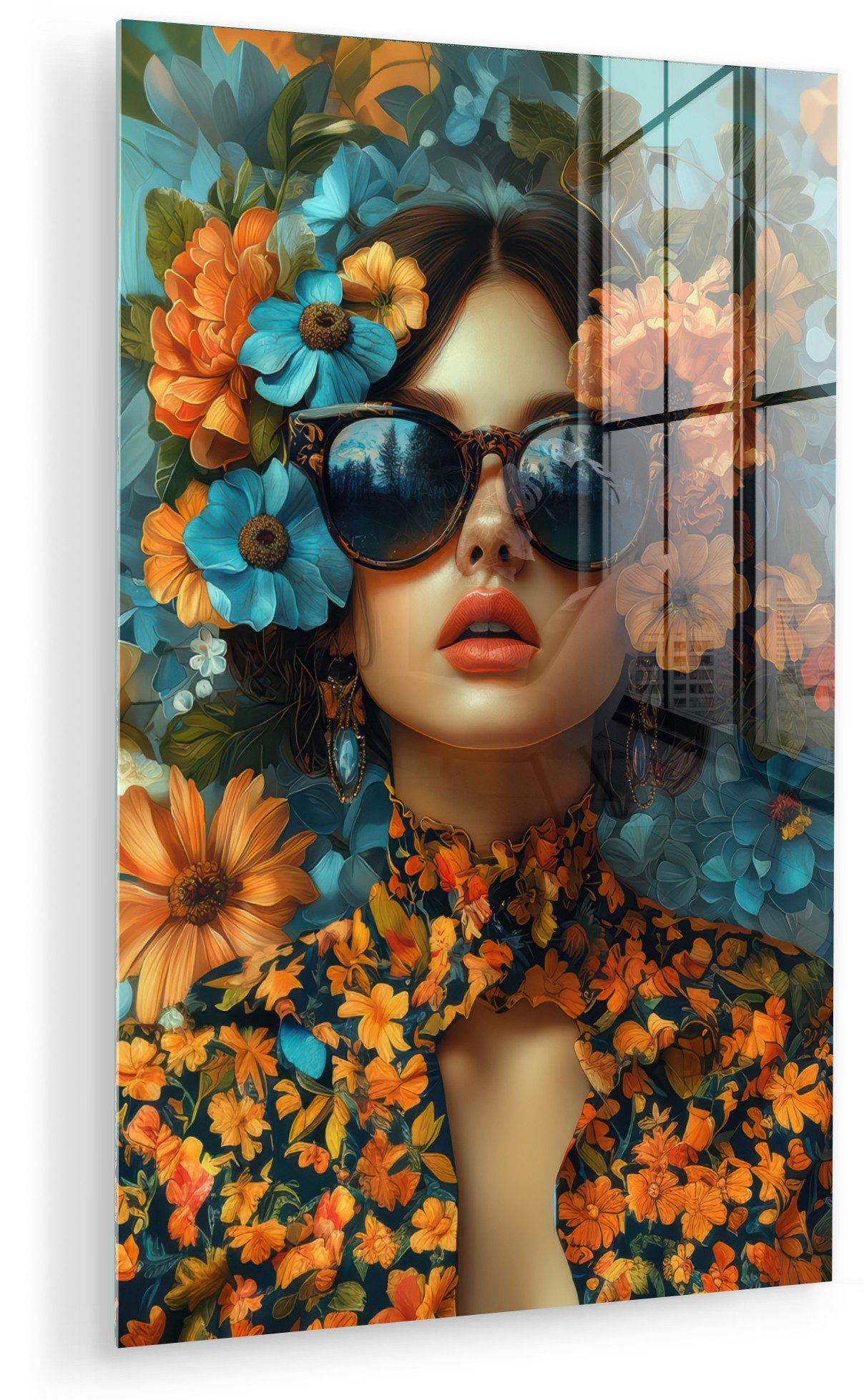 MuchoWow Acrylglasbild Frau - Blumen - Orange - Blau - Modern, Inkl. Aufhängung, Dekorative Bild für Küche & Wohnzimmer auf Glas, 20x30 cm