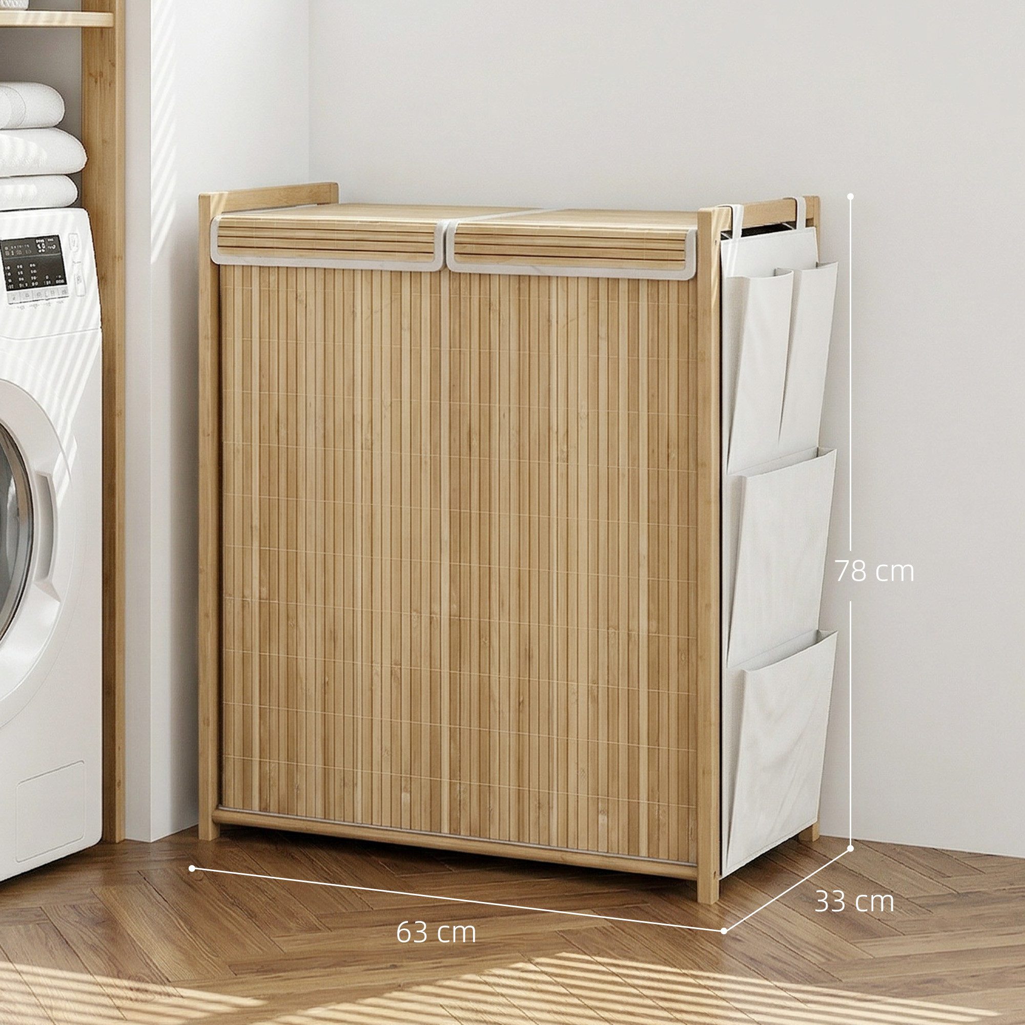 HOMCOM Wäschekorb Wäschesortierer mit Griff, bnehmbarem Kordelzug-Sack (Wäschebox, 1 St., Wäschesammler mit Innensäcken), Bambus, 120 l, Seitenfächer, Deckel – Bild 3 von 5