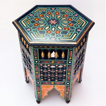 l-artisan Beistelltisch, Marokkanische Handbemalt Tisch Sechseckige aus Vollholz SARGYA Blau