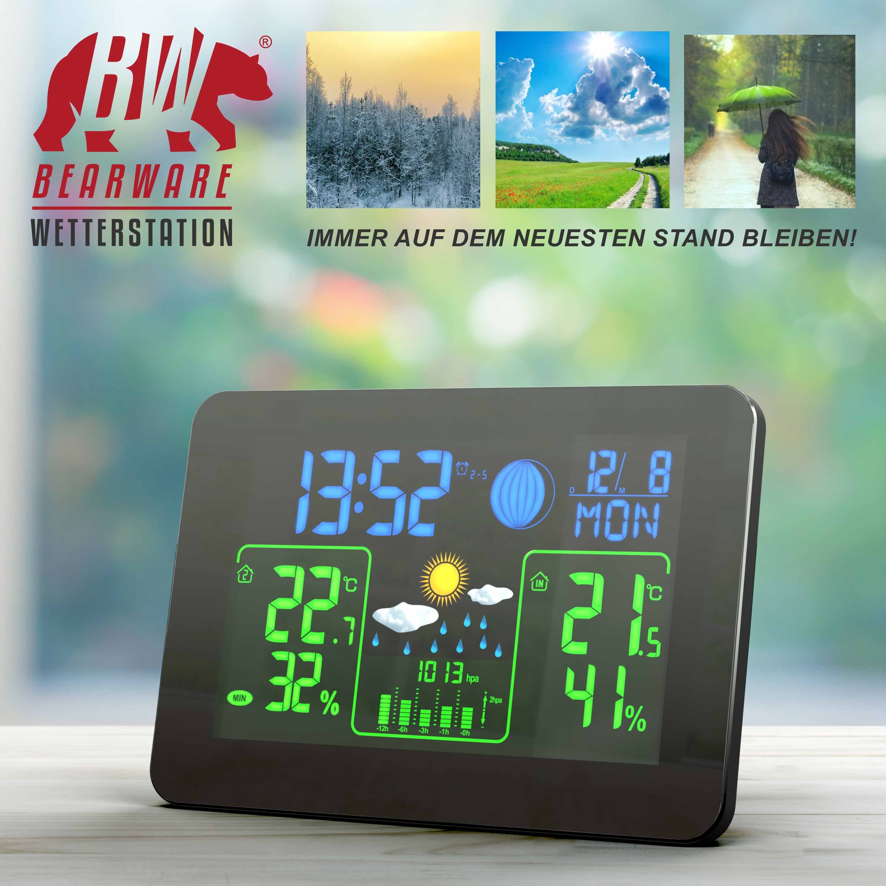 BEARWARE Wetterstation (mit Außensensor, Funk Farb Barometer, & Display mit Wettervorhersage Außensensor uvm)