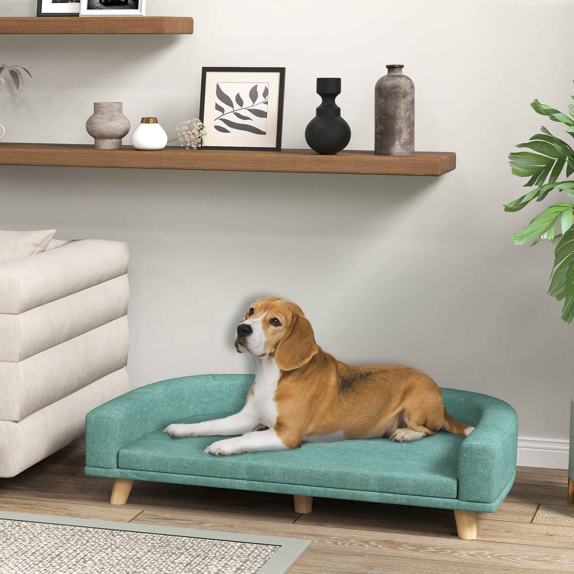 PawHut Tierbett Hundesofa, Haustiersofa Katzensofa mit Kissen, Polyester, Hundesessel mit Holzbeine, Grün, 98 x 67 x 25 cm
