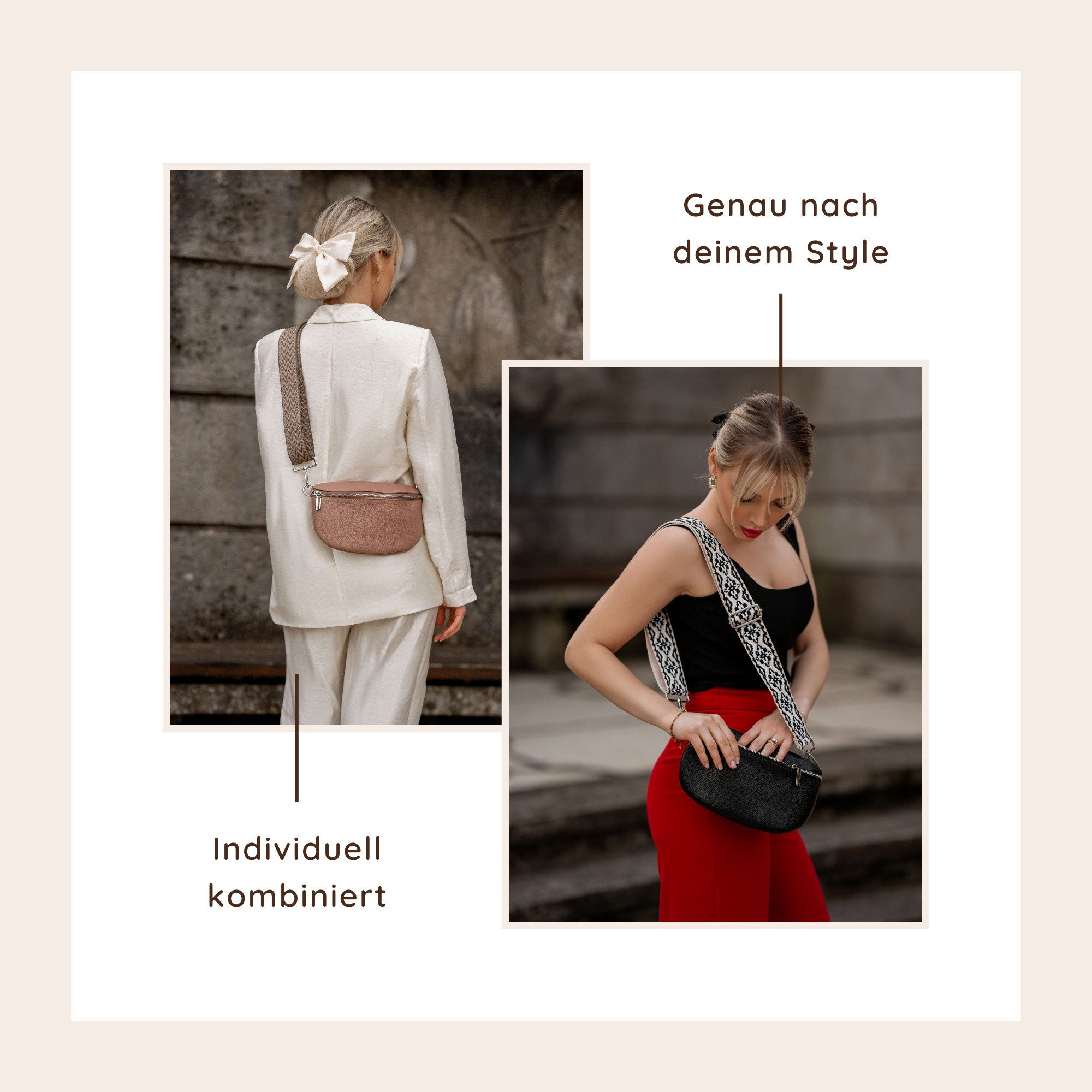 ARTVALL Umhängetasche Echtleder Handtasche Damen Brusttasche Hellgrau (Tasche inkl. Taschenband), Leder Bauchtasche klein breiter Schulterriemen abnehmbarer Taschengurt