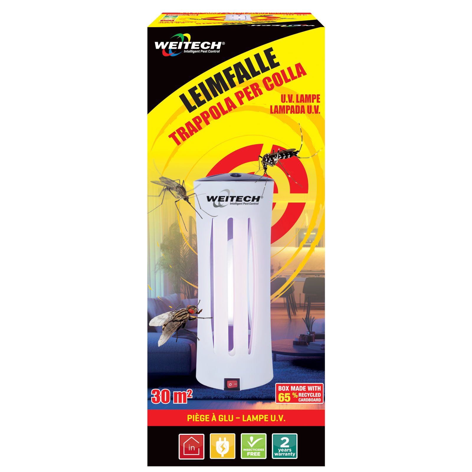 WEITECH Insektenfalle Lampenfalle, UV Lampe mit Leimplatte gegen fliegenden Insekten
