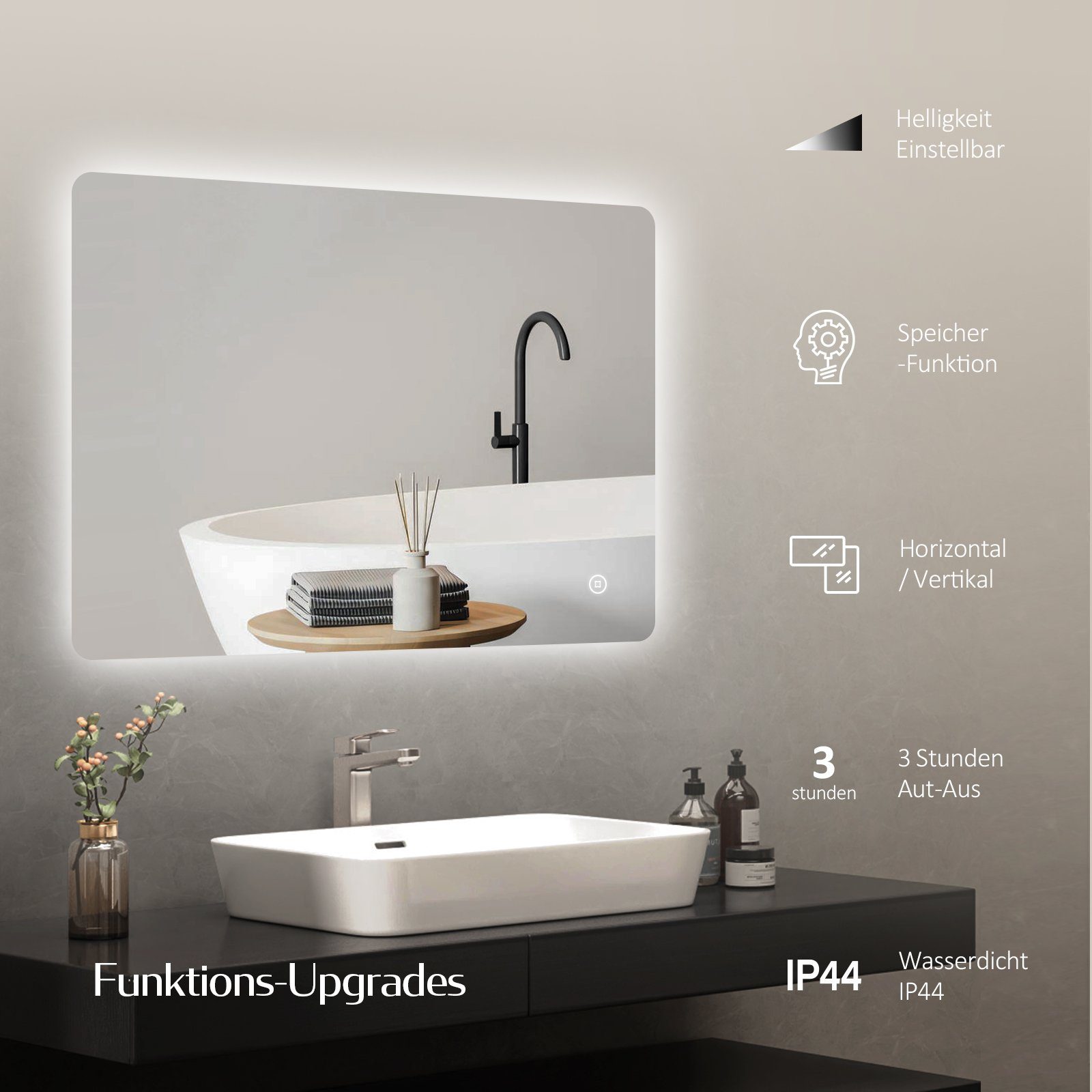 EMKE Badspiegel mit LED-Beleuchtung, Antibeschlag, Lichtfarben, Dimmbar,Touch-Schalter (Vertikal und Horizontal möglich), Wandspiegel mit Beleuchtung und Touch-Schalter Dimmbar IP44
