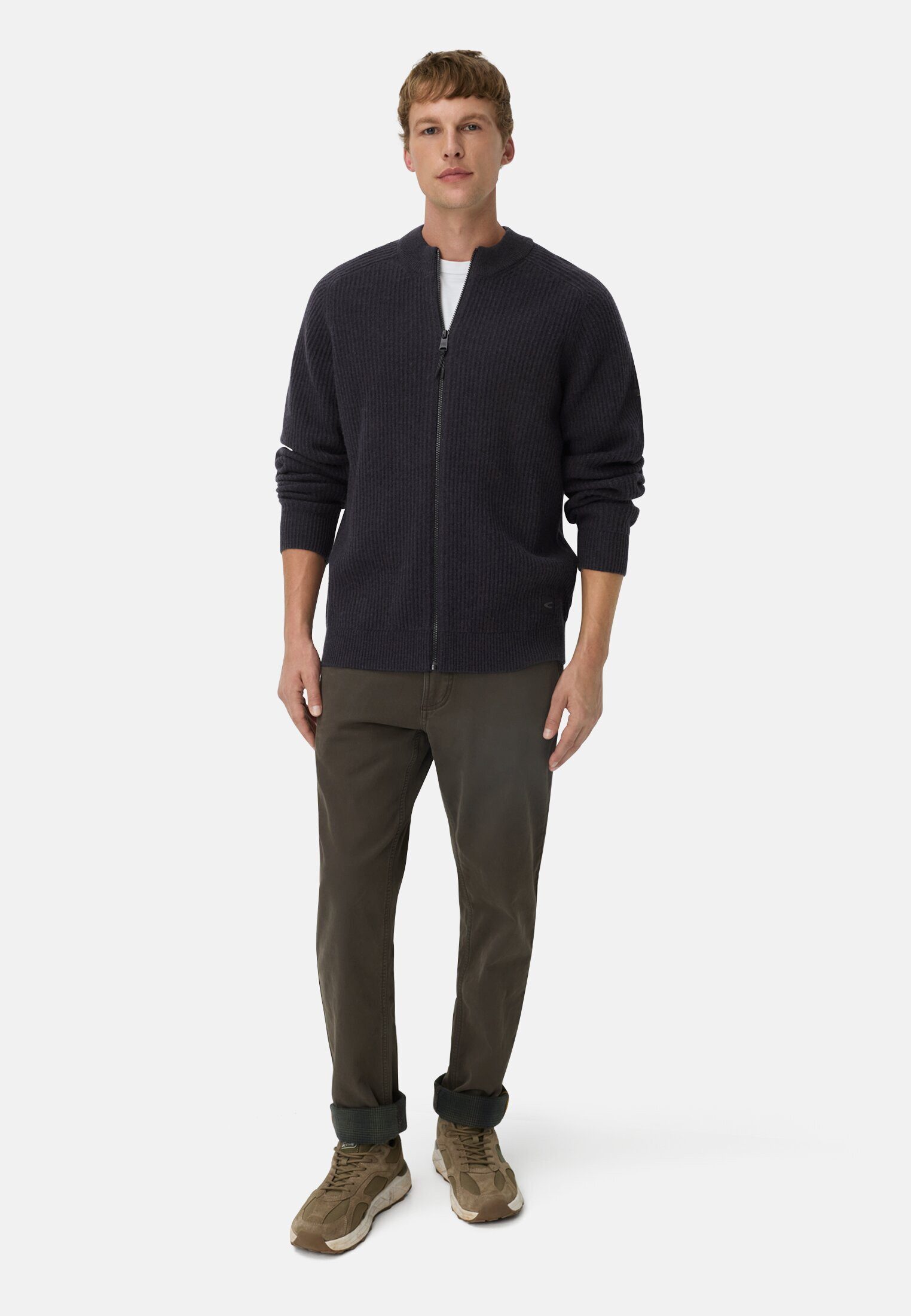 camel active Strickjacke aus reiner Lammwolle Langarm Stehkragen