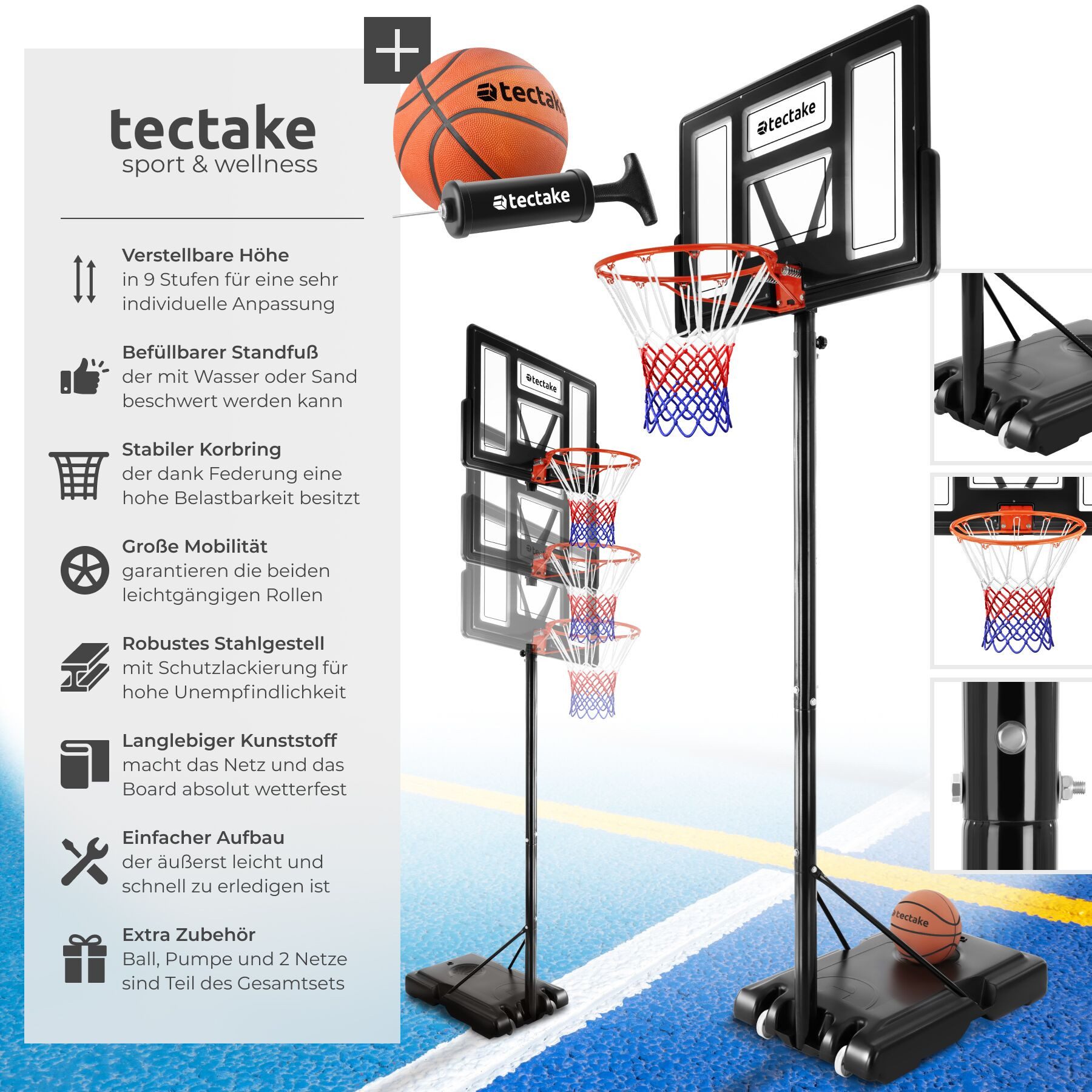 tectake Basketballkorb Basketballanlage Dirk, Korbhöhe 230 - 305 cm, mit Ball & Pumpe (Komplettset, Korbanlage inkl. Basketball, Luftpumpe und 2 Netze), Basketballanlage mit höhenverstellbaren Korb
