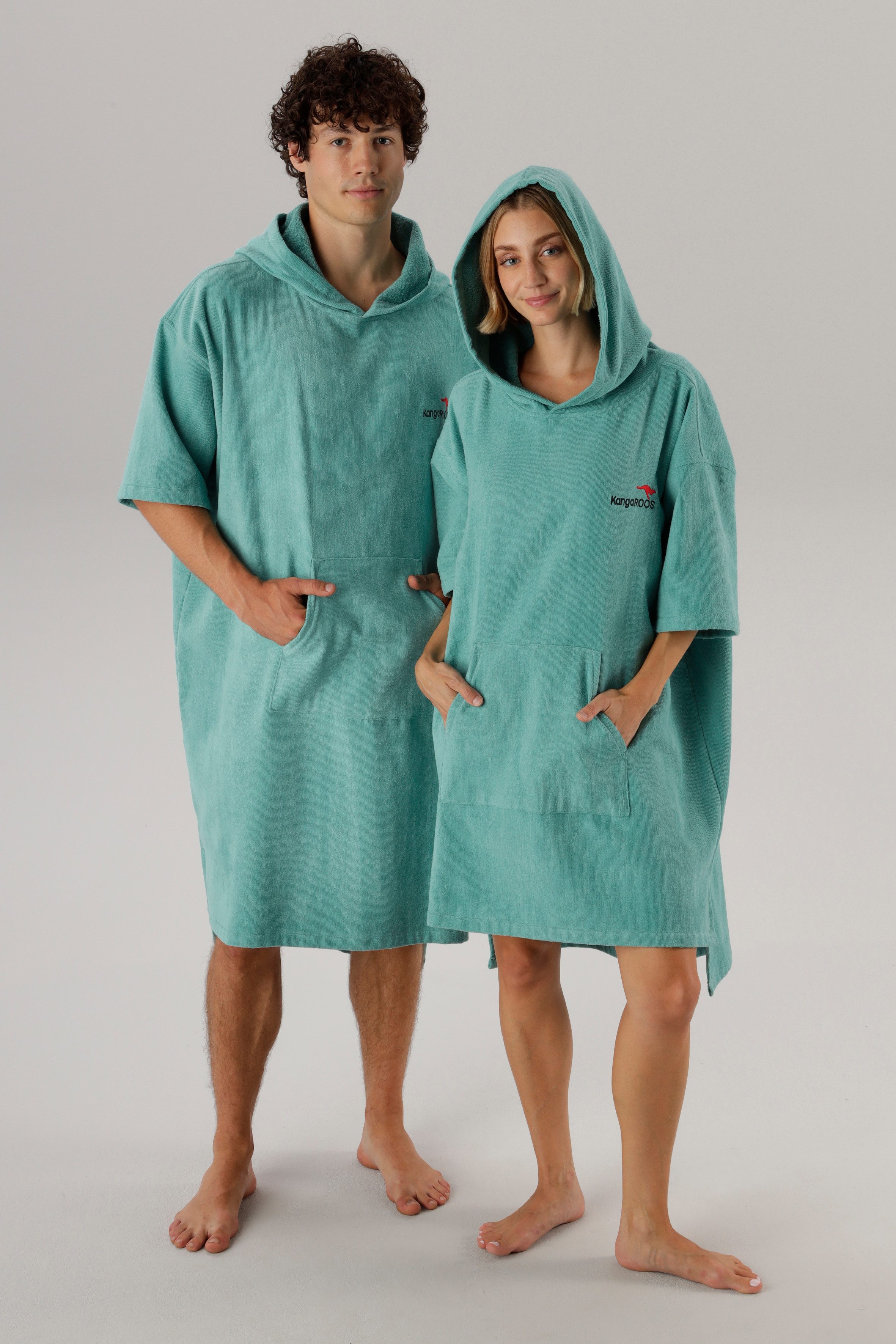 KangaROOS Badeponcho Summer, ideal für Sauna, Spa & im Urlaub, Damen & Herren, Midilänge, Frotteevelours, Kapuze, ohne, Surfponcho, mit Bauchtasche, 100% Baumwolle, Frottee