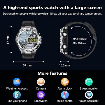 Yohuton Smartwatch (1,5 Zoll, Android iOS), Herren mit HD-Display 123Sportmodi IP68 Wasserdicht Taktische Sportuh