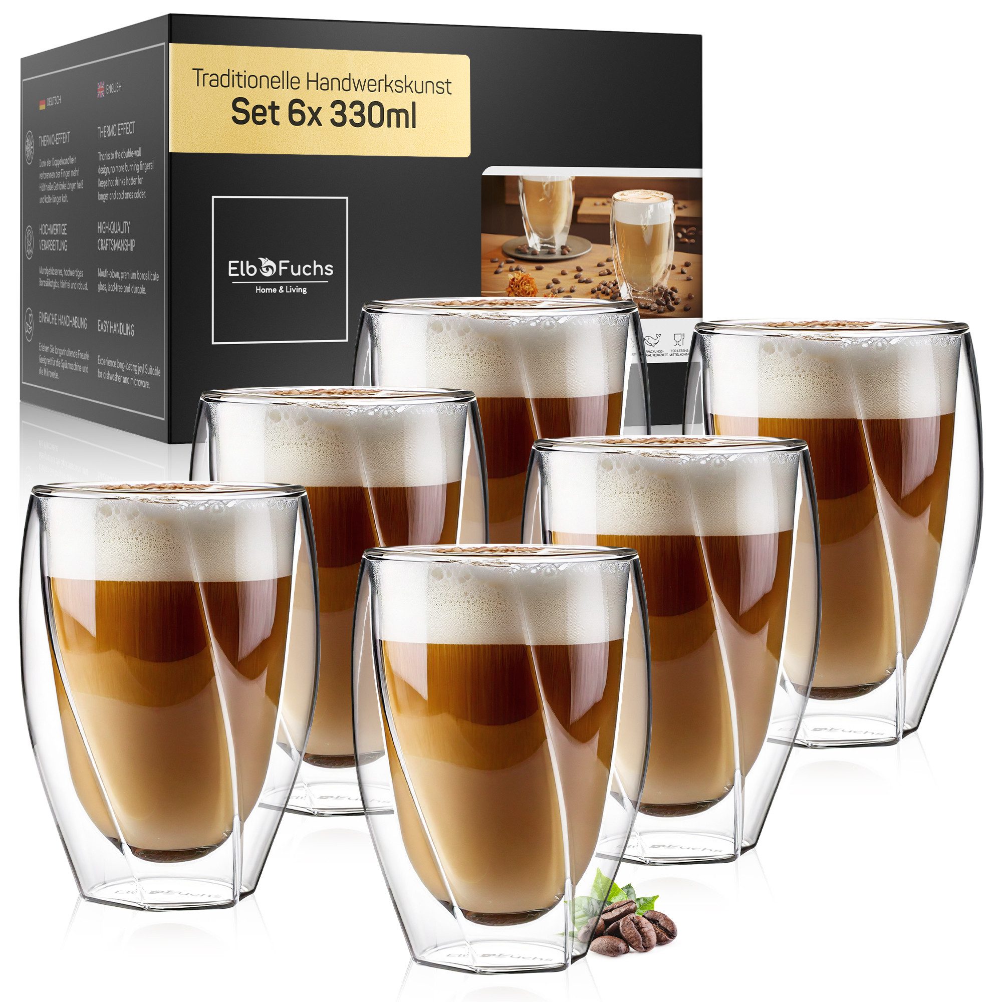 ElbFuchs Latte-Macchiato-Glas Barcelona Curved, 350ml, Borosilikatglas, 6-tlg., Doppelwandiger Thermoeffekt