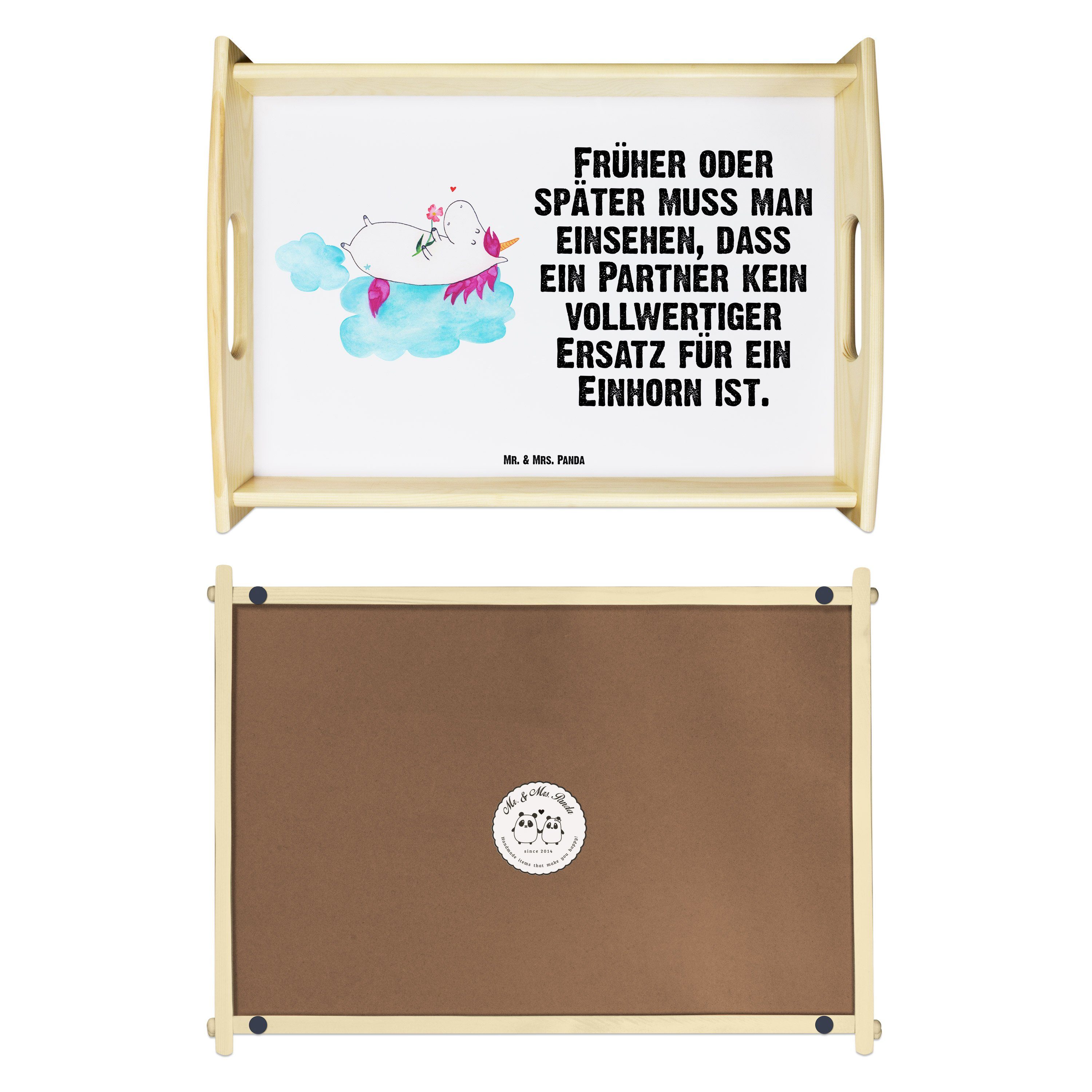 Mr. & Mrs. Echtholz Geschenk, Tablett Panda Küchentablett, - auf - Einhorn (1-tlg) verliebt Wolke lasiert, Unicorn, Weiß
