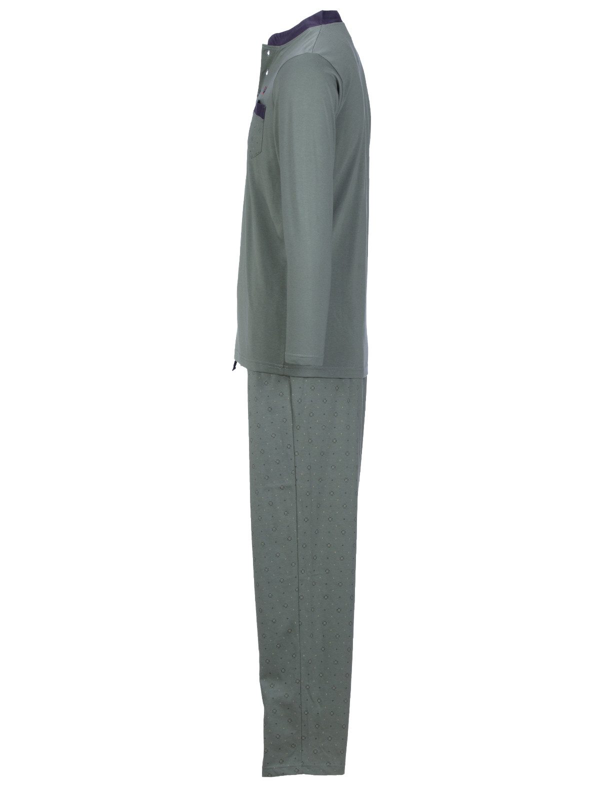 Henry Terre Pyjama Bruno Langarm- Stehkragen Shirt Uni gemusterte Hose Brusttasche – Bild 4 von 5