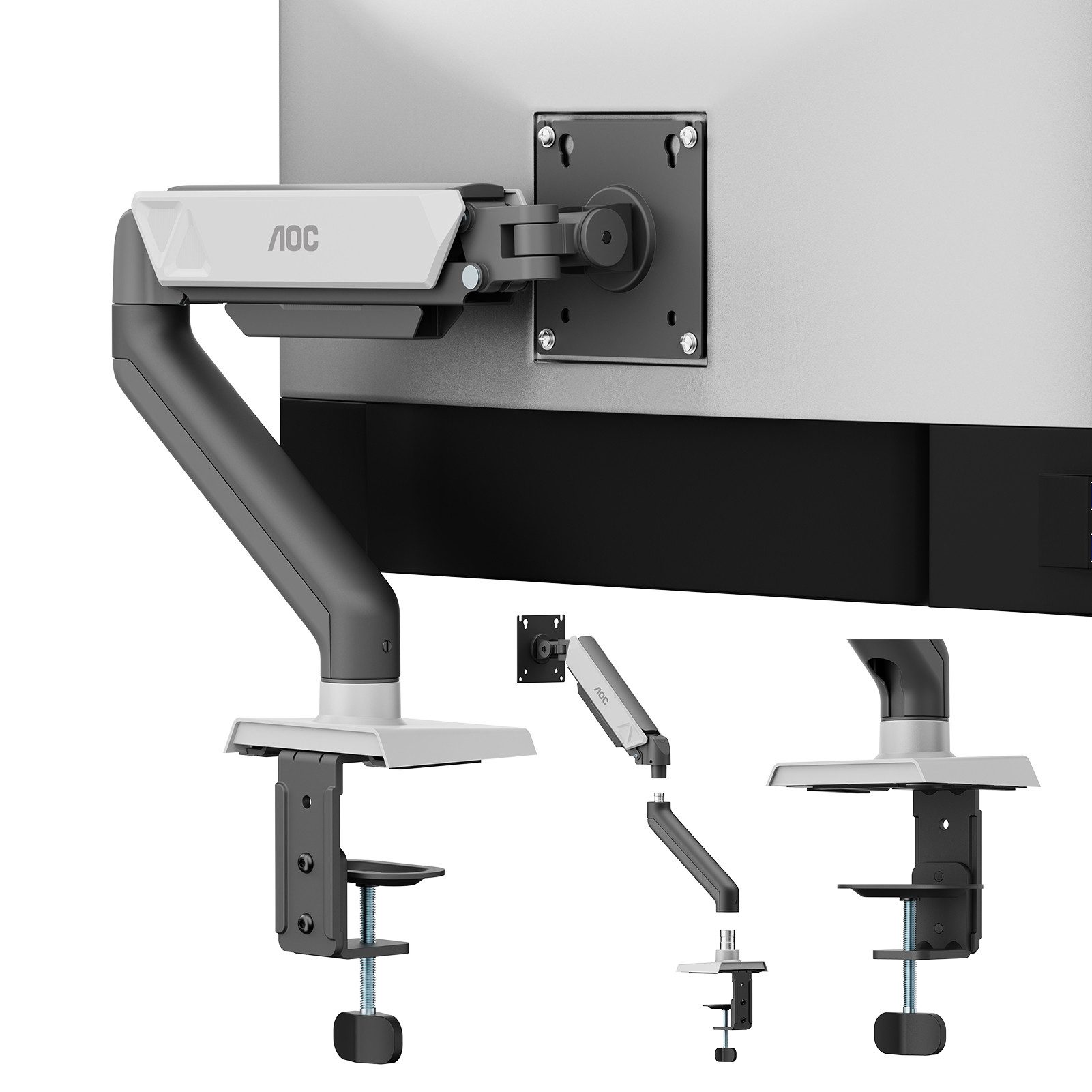 AOC Monitor-Halterung 17-34 Zoll, bis 9 kg, VESA 75x75-100x100, AM102, (bis 34 Zoll, Packung, 2-tlg, neigbar,schwenkbar,drehbar,Gasdruckfeder,Kabelmanagement)