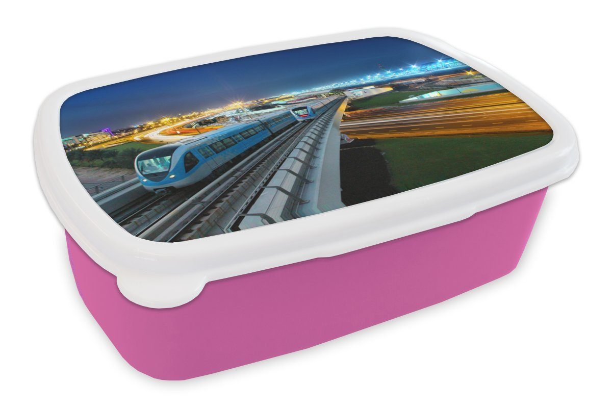 der Kunststoff, eine Zug, Snackbox, Kinder, für überquert, MuchoWow Kunststoff Erwachsene, rosa Ein Lunchbox Mädchen, (2-tlg), Brotdose Eisenbahnbrücke Brotbox