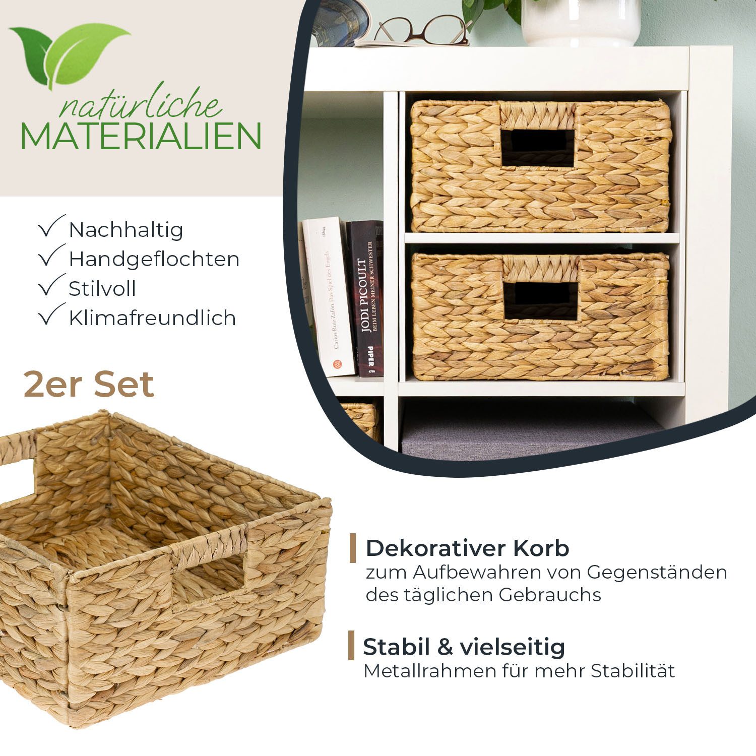HMF Regalkorb 2er Set Aufbewahrungskorb passend für KALLAX halbes Fach, Korb geflochten aus Wasserhyazinthe mit Griffen, 30 x 34 x 15 cm Natur