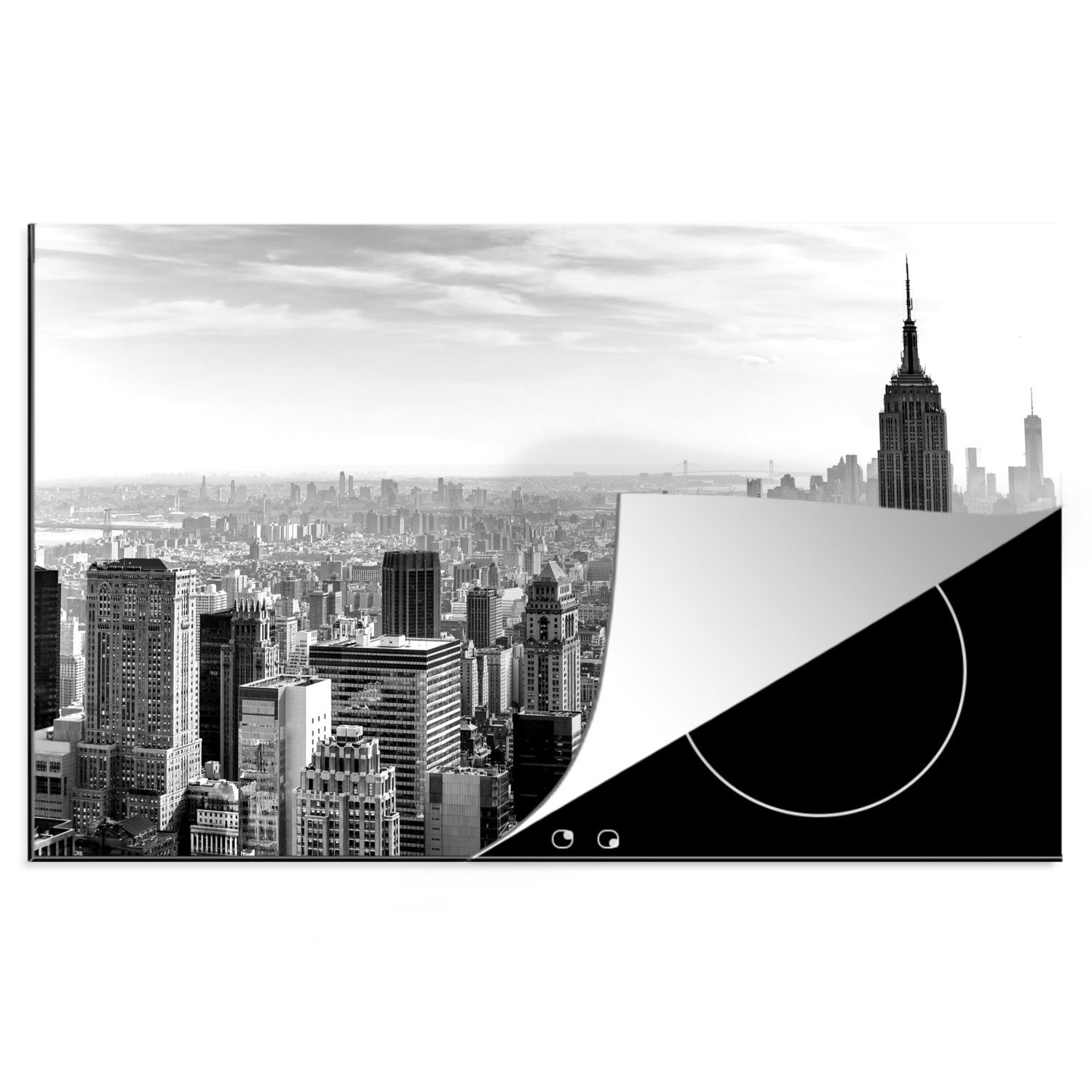 MuchoWow Herdblende-/Abdeckplatte New York - Amerika - Schwarz - Weiß, Vinyl, (1 tlg), 81x52 cm, Induktionskochfeld Schutz für die küche, Ceranfeldabdeckung