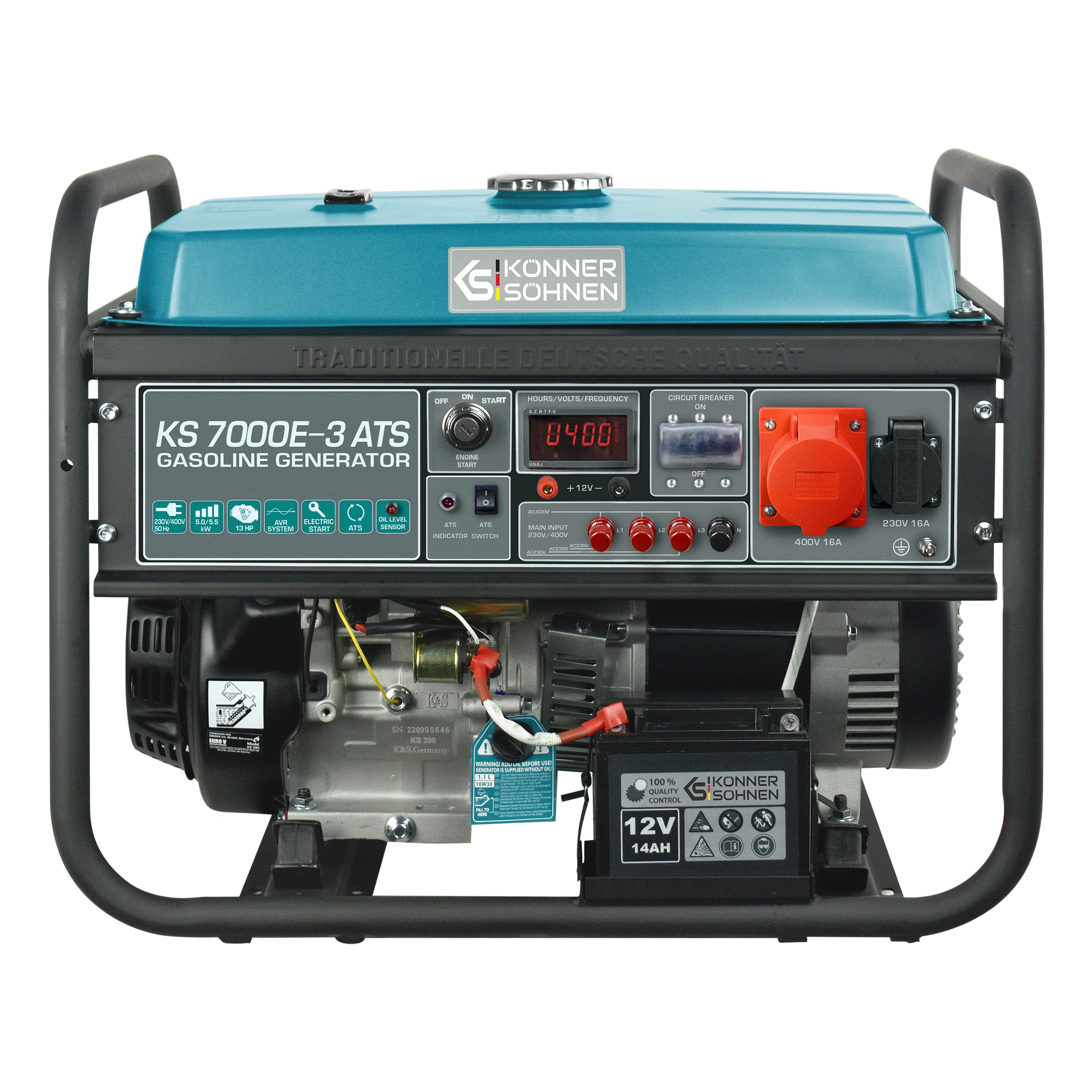Könner & Söhnen Stromerzeuger KS 7000E-3 ATS, 5,50 in kW, (für Drehstromverbraucher (400V), 1-tlg., eingebautes ATS-System, Hand/Elektro/Autoanlasser), EURO 5, LED-Anzeige, 100% Kupferwicklungen