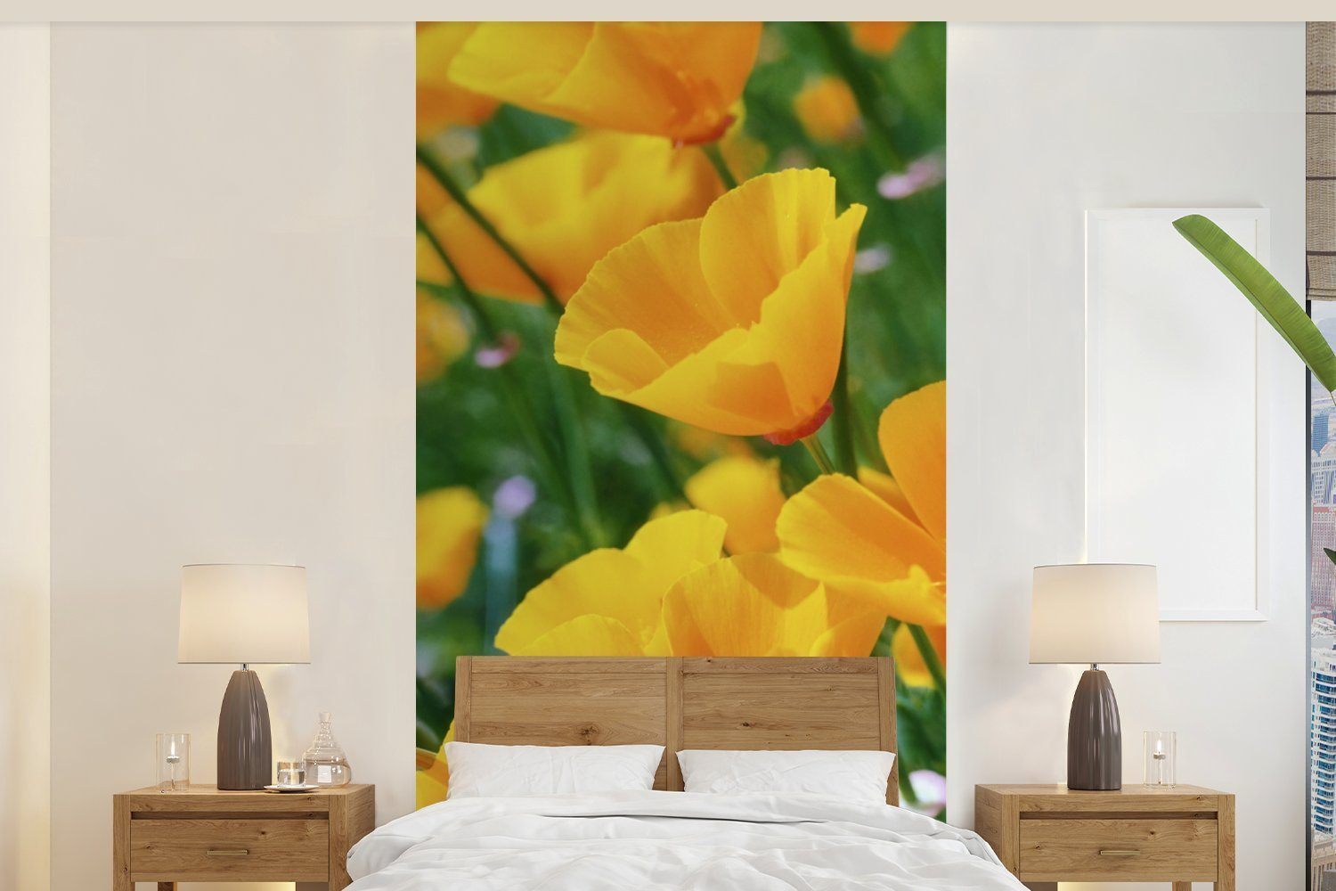Fototapete Blumen - Schlafzimmer Orange, MuchoWow - Wohnzimmer Fototapete Garten Vliestapete Matt, Küche, bedruckt, (2 für St),