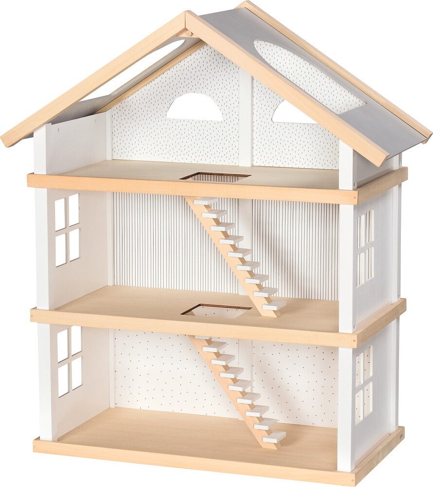 goki Puppenhaus 3 Etagen, komplett möbliert inkl. Puppenfamilie