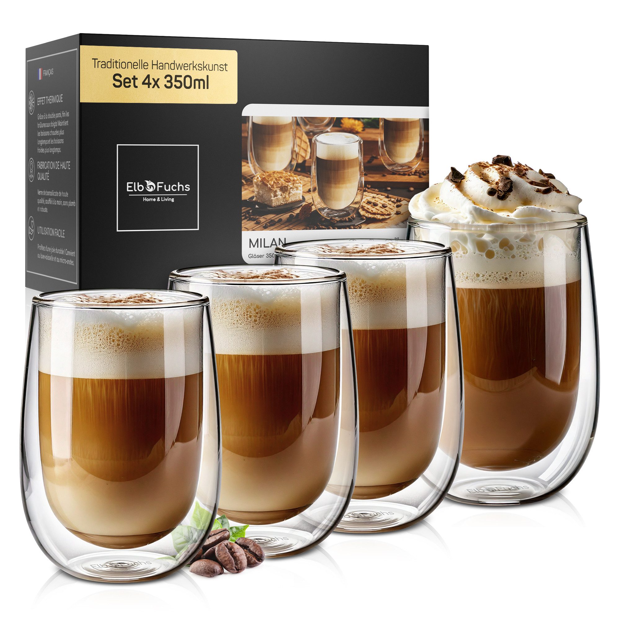 ElbFuchs Latte-Macchiato-Glas Milan 350ml, 4-tlg., Doppelwandiger Thermoeffekt