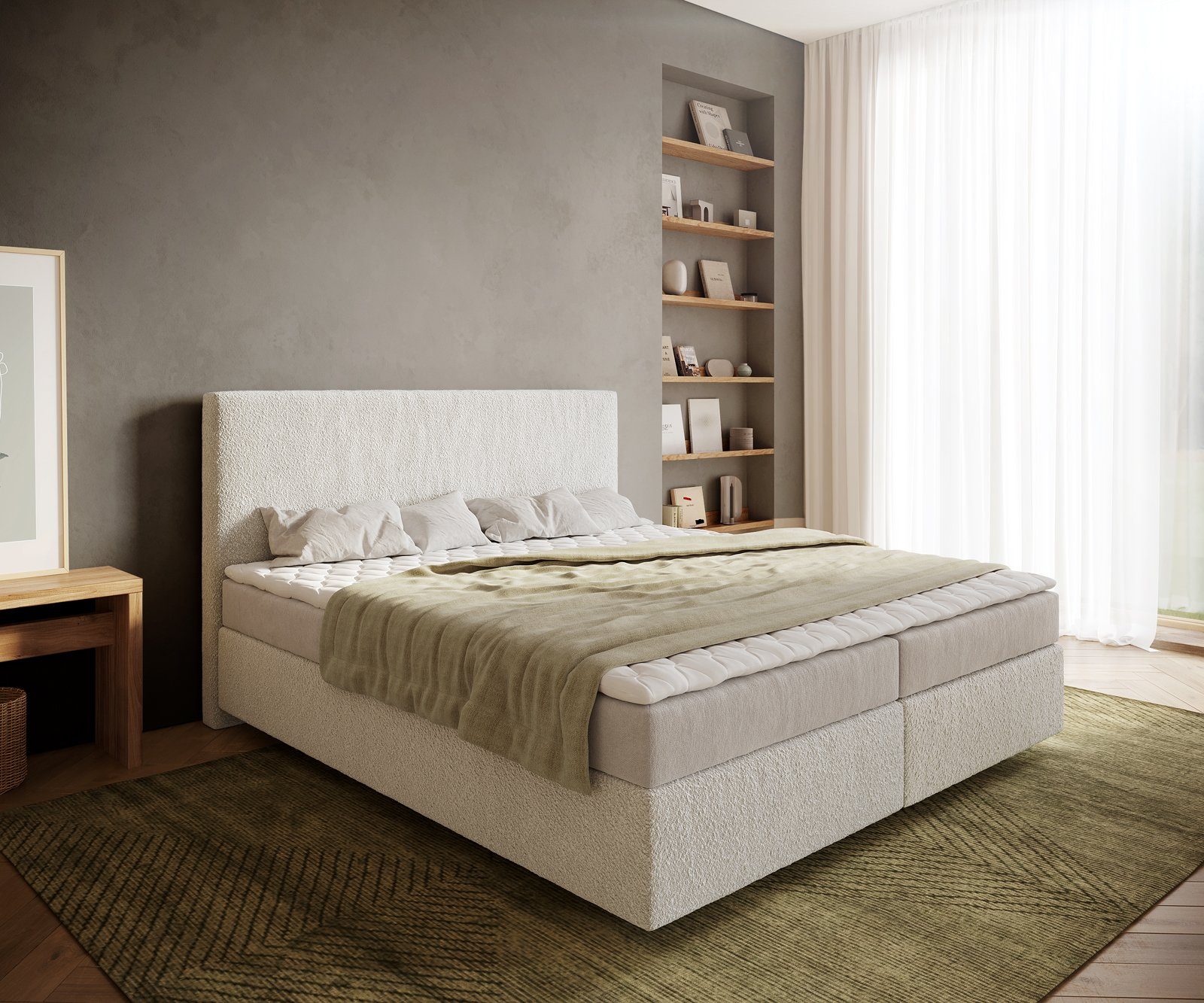 DELIFE Boxspringbett Dream-Well, Bouclé Creme-Weiß 180x200 cm mit Matratze und Topper